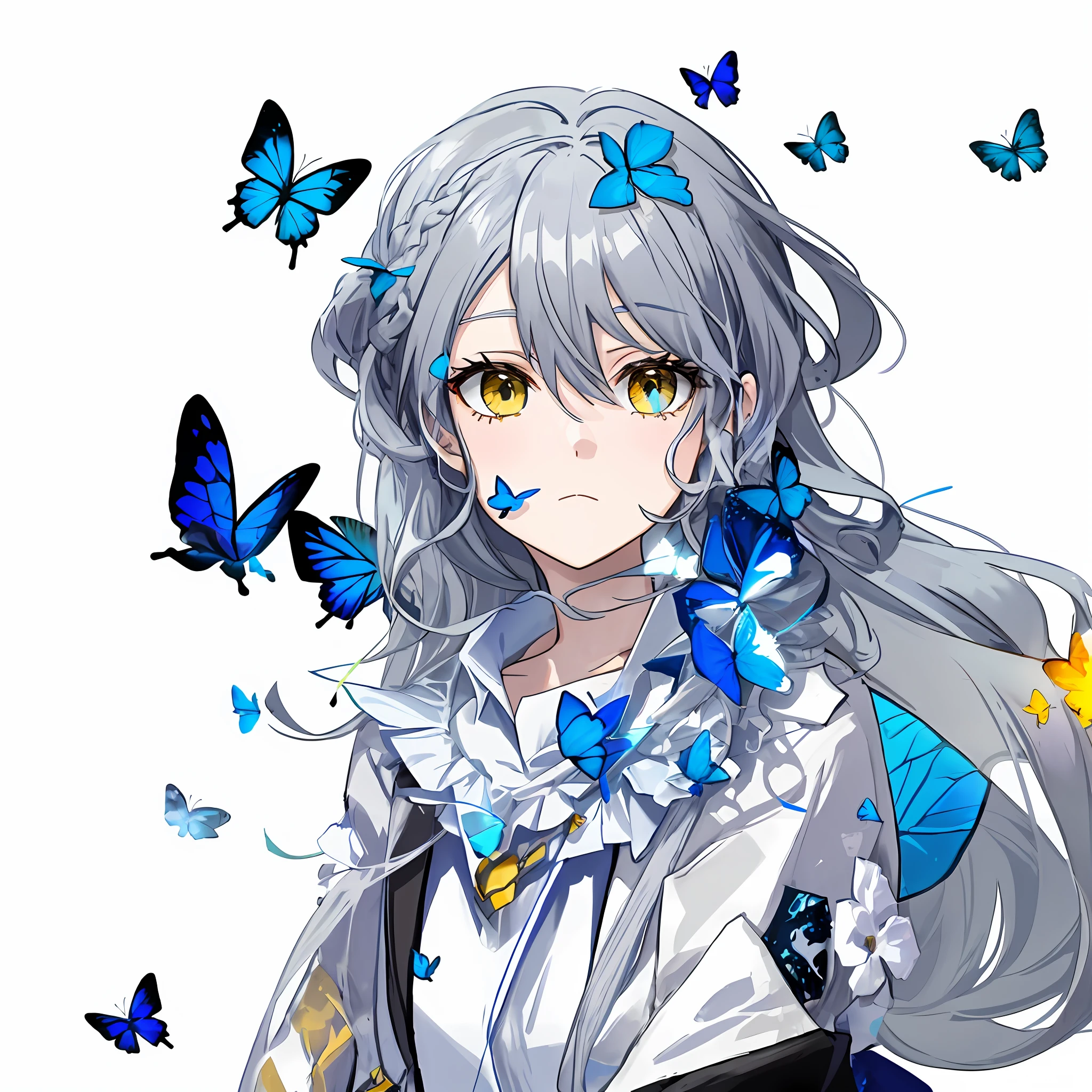 chromatically，Blue-gray hair，Yellow-skinned，Next to the blue butterfly，The characters have indifferent expressions，Extreme color