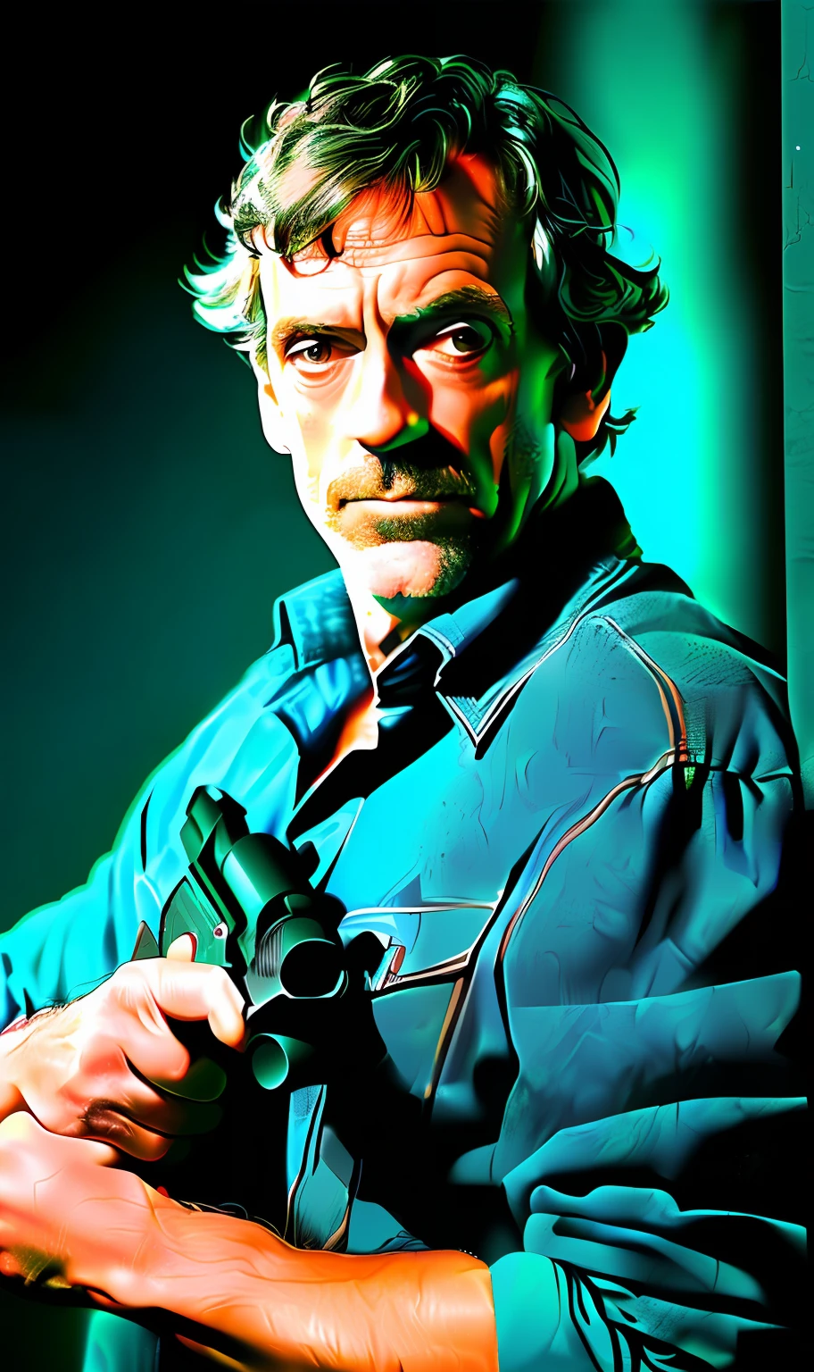 Hugh Laurie (Hugh Laurie) Armed with a revolver in a dark studio,(edge lit,:1.4)twotonelighting,sharp fokus,teal hue,octanerender,unreality,dimly lit,lowfers