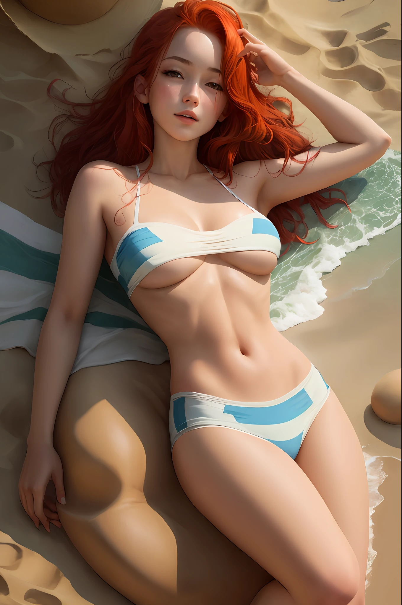 Naked girl lying on the beach，red hair，Bigchest，