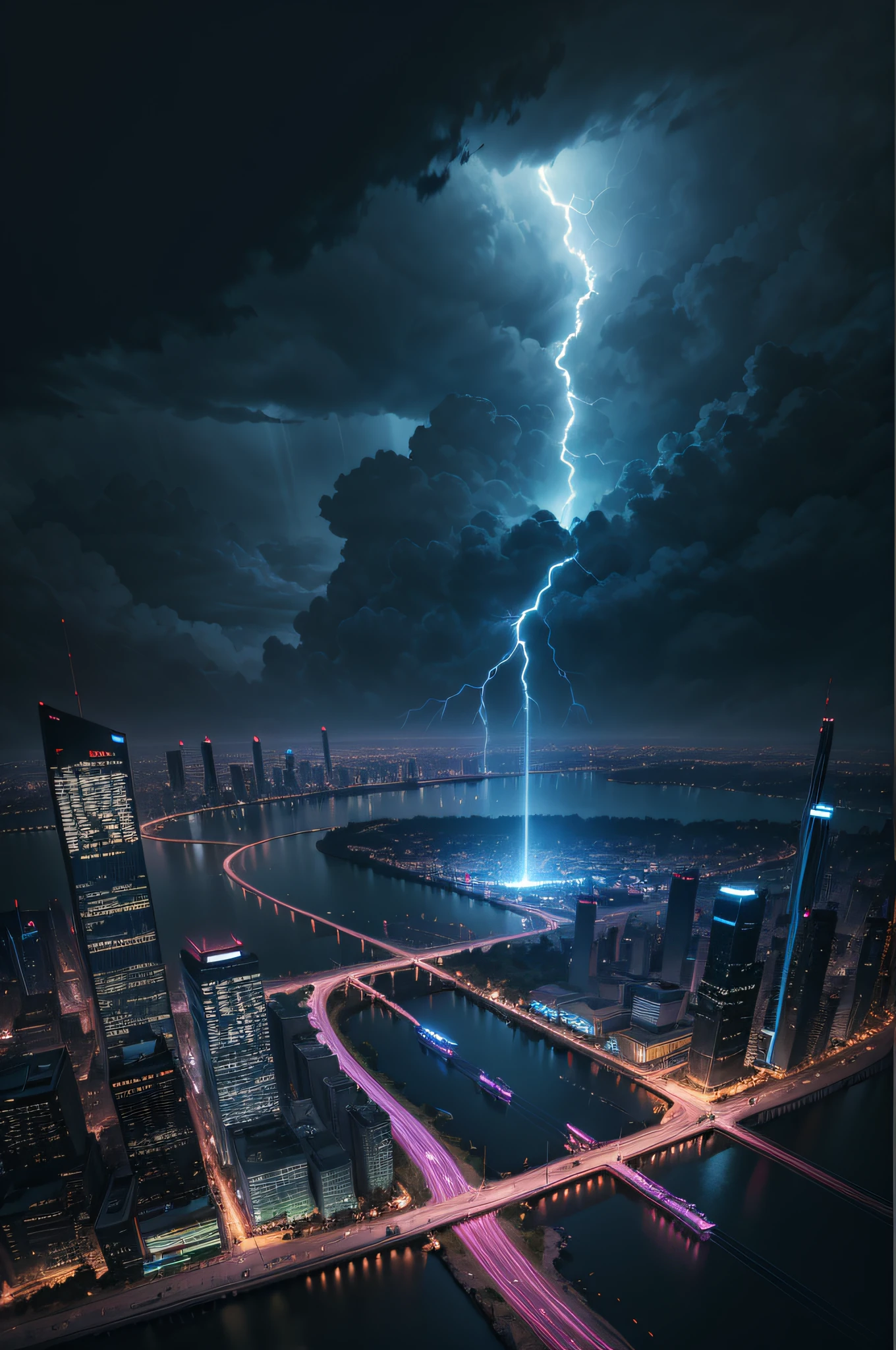 aerial  view, Crowcore's masterpiece and desperate Hyperrealistic Urban Multimedia Art of Futuristic City Movie Style and Architecture  "Tron Legacy", El fin del mundo, Tema Battlefield, Textura ultra detallada, fuertes lluvias, thunder and lightning, Imagen 3D, noche, Hora azul, dark lighting, Sombra suave, Renderizado de Key Shot, 8K resolution CG wallpaper,