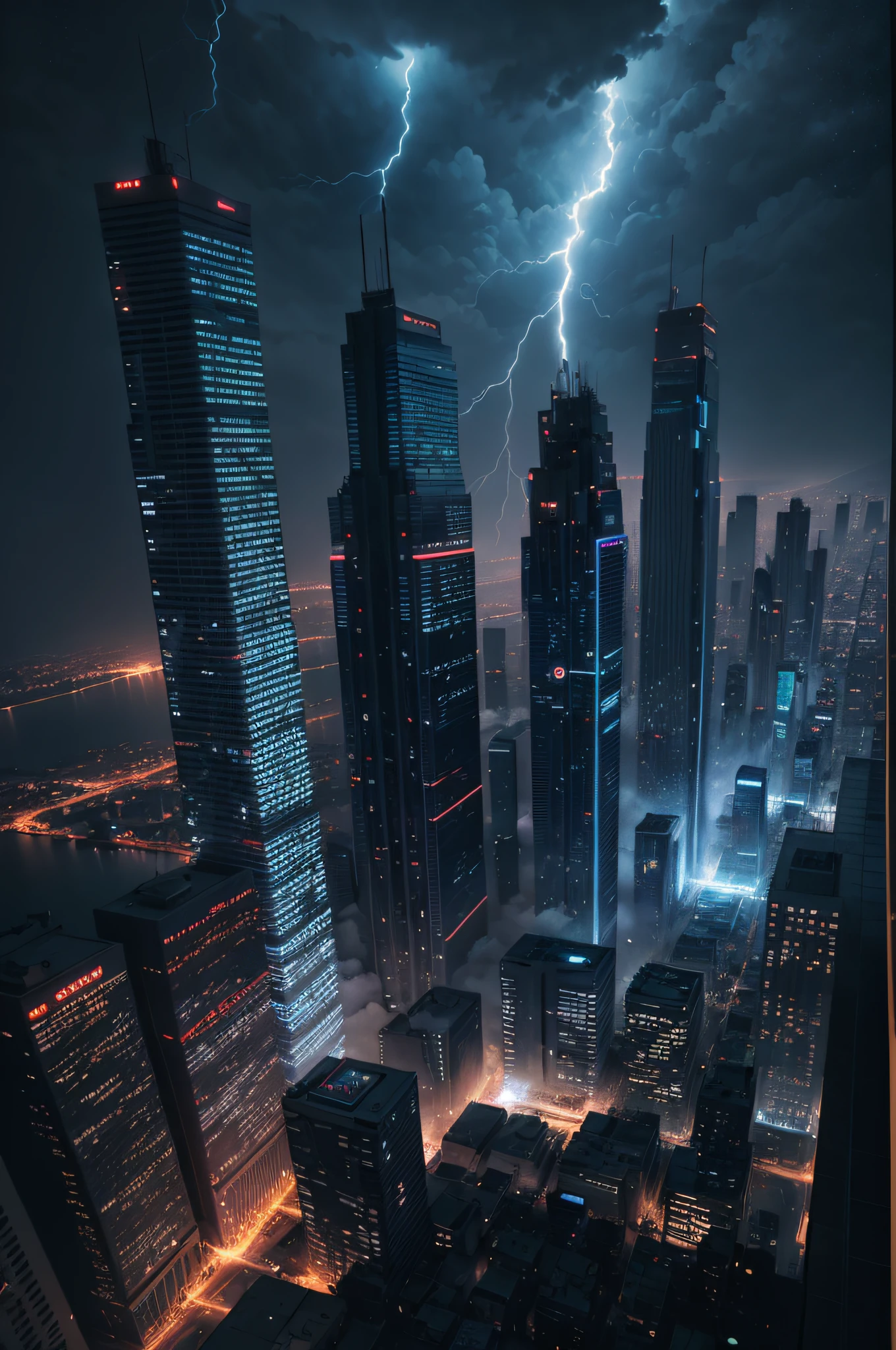 aerial  view, Crowcore's masterpiece and desperate Hyperrealistic Urban Multimedia Art of Futuristic City Movie Style and Architecture  "Tron Legacy", El fin del mundo, Tema Battlefield, Textura ultra detallada, fuertes lluvias, thunder and lightning, Imagen 3D, noche, Hora azul, dark lighting, Sombra suave, Renderizado de Key Shot, 8K resolution CG wallpaper,
