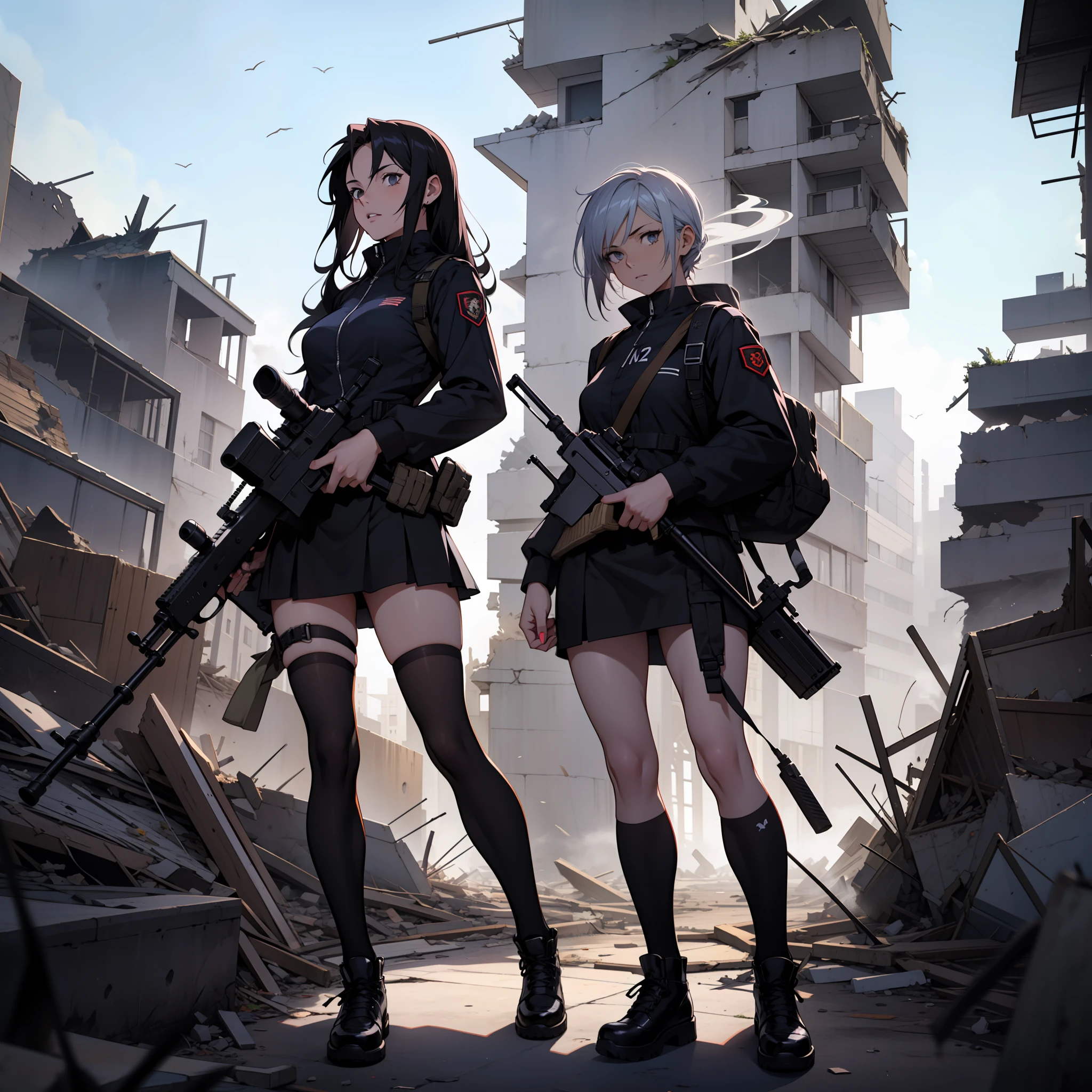 Anime Girls 2D ,In the midst of ruins,Armed with an M200 sniper rifle,Wearing a black uniform,short skirt,black long straight hair,black lence stockings,standingn,A pistol was strapped to the leg,Smoke all around, high high quality, --auto