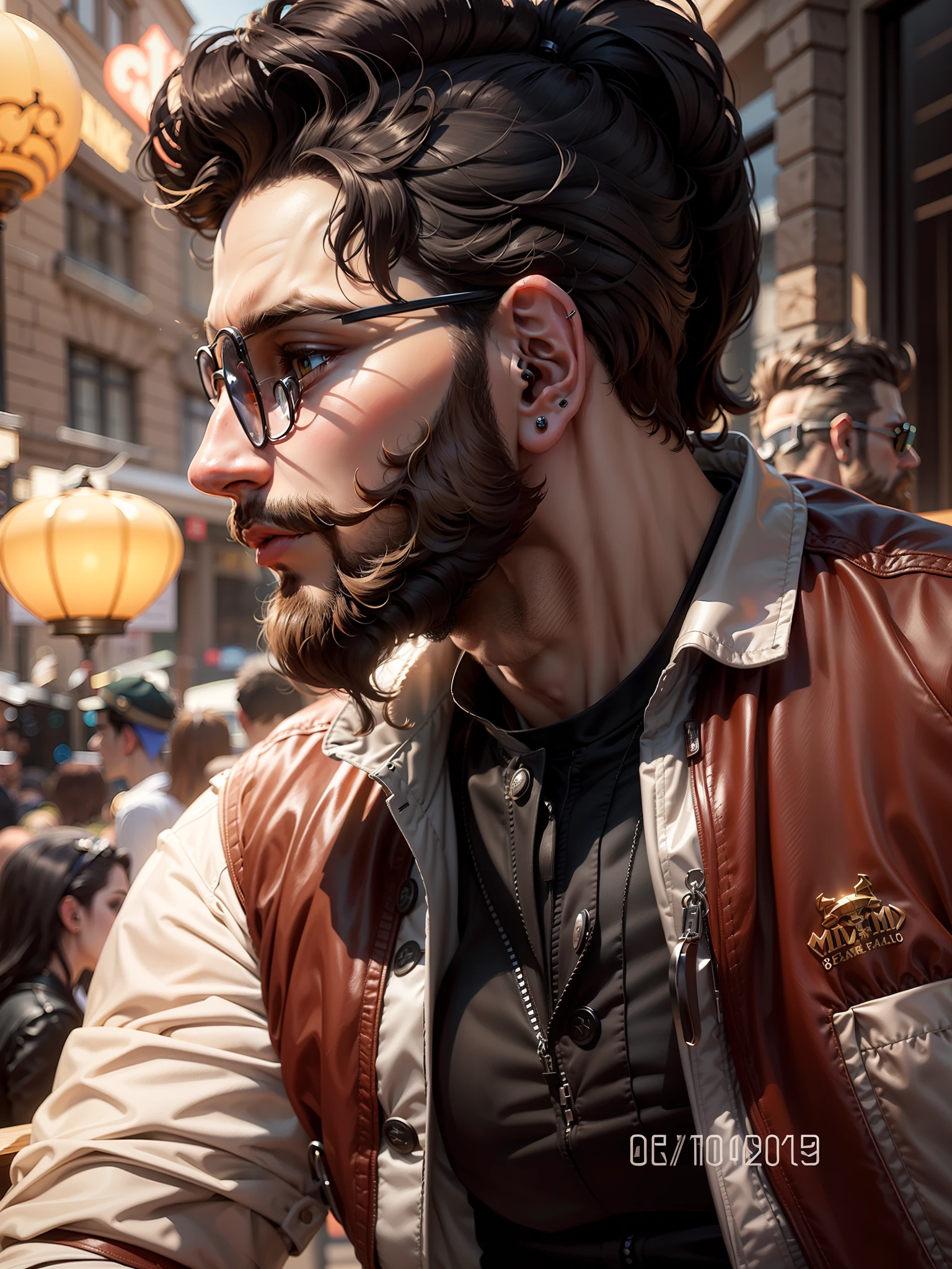Super realistic 8k max resolution pictures of a very stylish and smart guy with beard and midium long hair. Scin toon in.