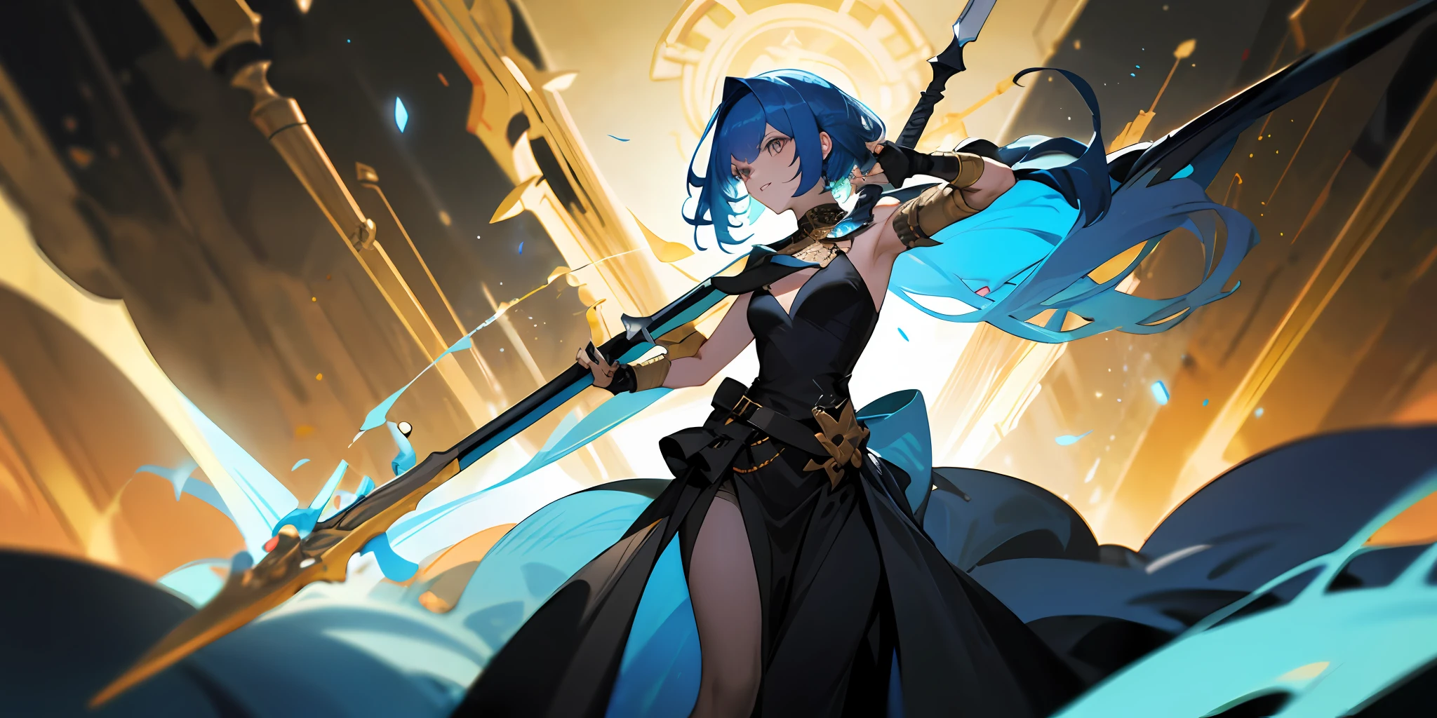 Blue-haired woman with a golden spear in her right hand and a mask in her left hand wearing a black dress