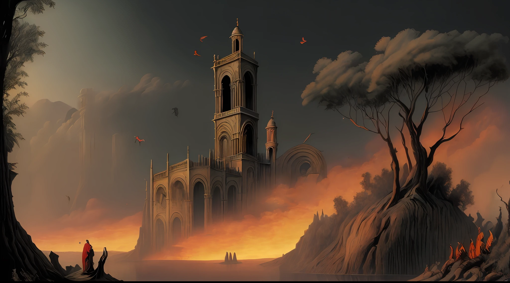 (Sensitive image quality)A cidade de Dite, represented in the work The Divine Comedy of Dante Alighieri。best quality, high resolution, texture details, dynamic angle, sharpness。(Scene features: AND scene description)A cidade de Dite (The City of Purgatory), escura e sombria, with smoke and fire, Dwelling of lost souls。(Screen Elements)Muitas almas vagam pelo lugar. Entre as almas, we found gnarled trees, corpos estranhos e seres misteriosos. (Stylistic features)Atmospheric and strange composition, estilo macabro, dark and dramatic effect。(Color Palette)Usar tons escuros, with emphasis on red and orange, para transmitir o teor do lugar.
