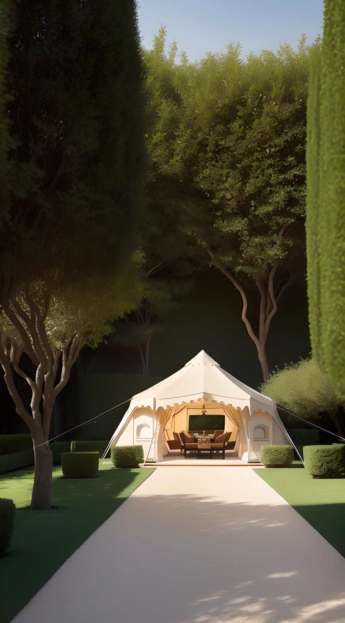 (masterpiece, UHD, best quality, high resolution:1.2), group of men, (well-tailored black suits:1.1), adjusting ropes of (big Bedouin tent:1.3), elegant villa front garden, gravel path, trimmed hedges, blossoming flower beds, afternoon light, sunbeams filtering through trees, cool colors, serene atmosphere, side view, looking at viewer.