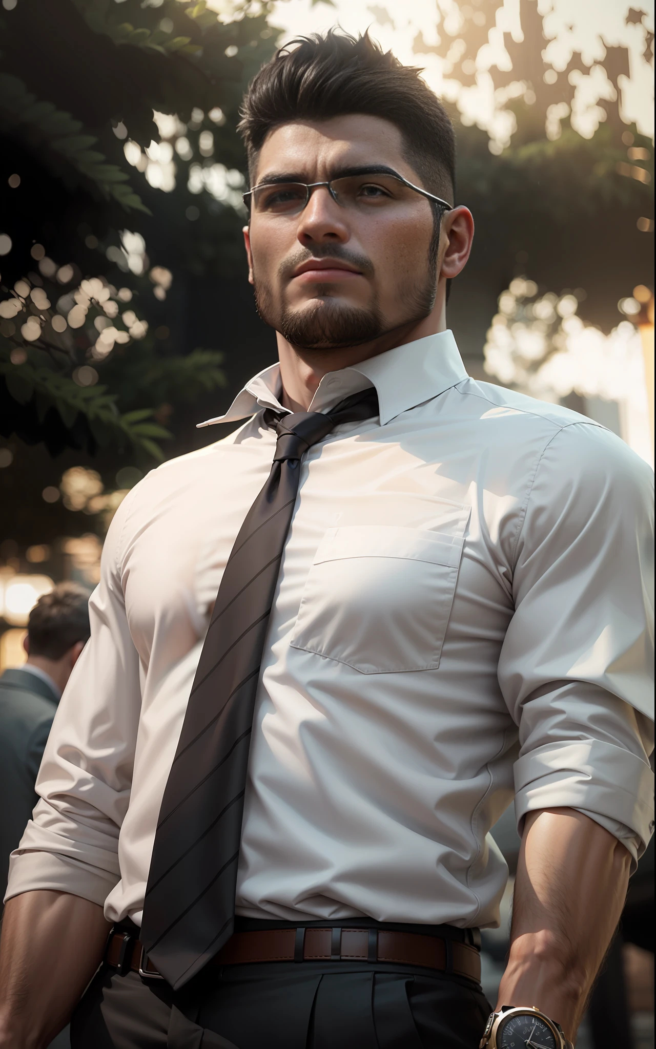 Super ultra realistic. 12k high resolution and very detailed picture of a tuff agent guy. Muscular body. In a suit. Watch in hand.