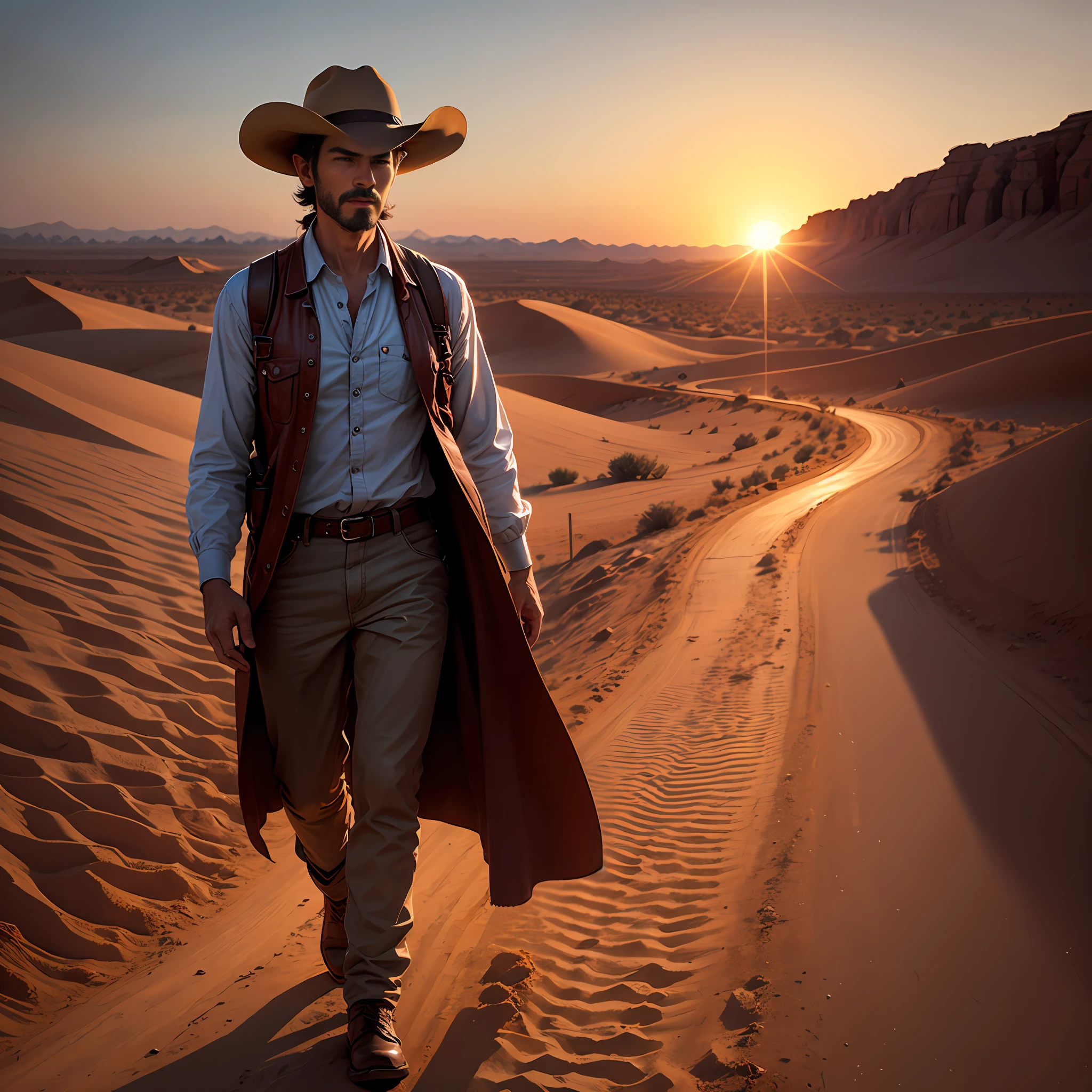 A cowboy walks the desert road，The setting sun shone on him， --auto