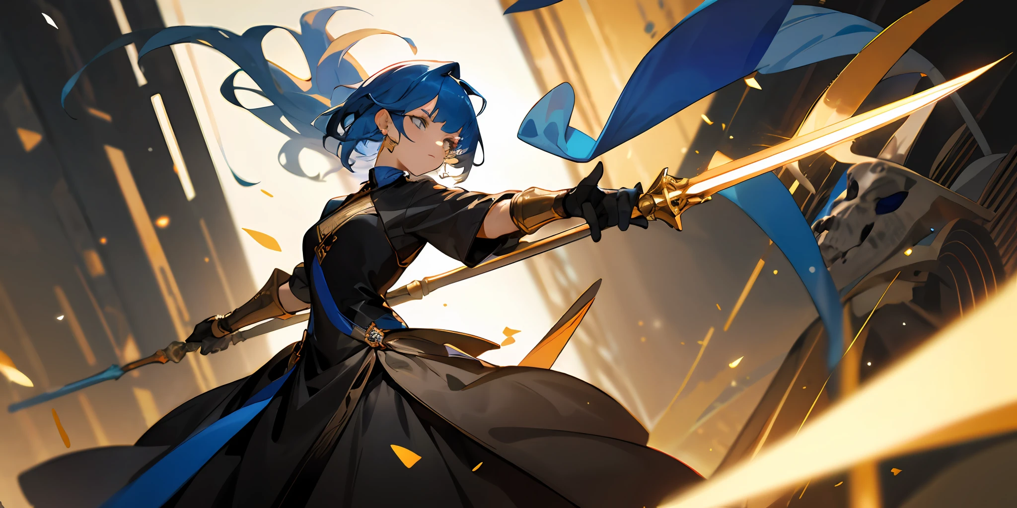 Blue-haired woman with a golden spear in her right hand and a mask in her left hand wearing a black dress