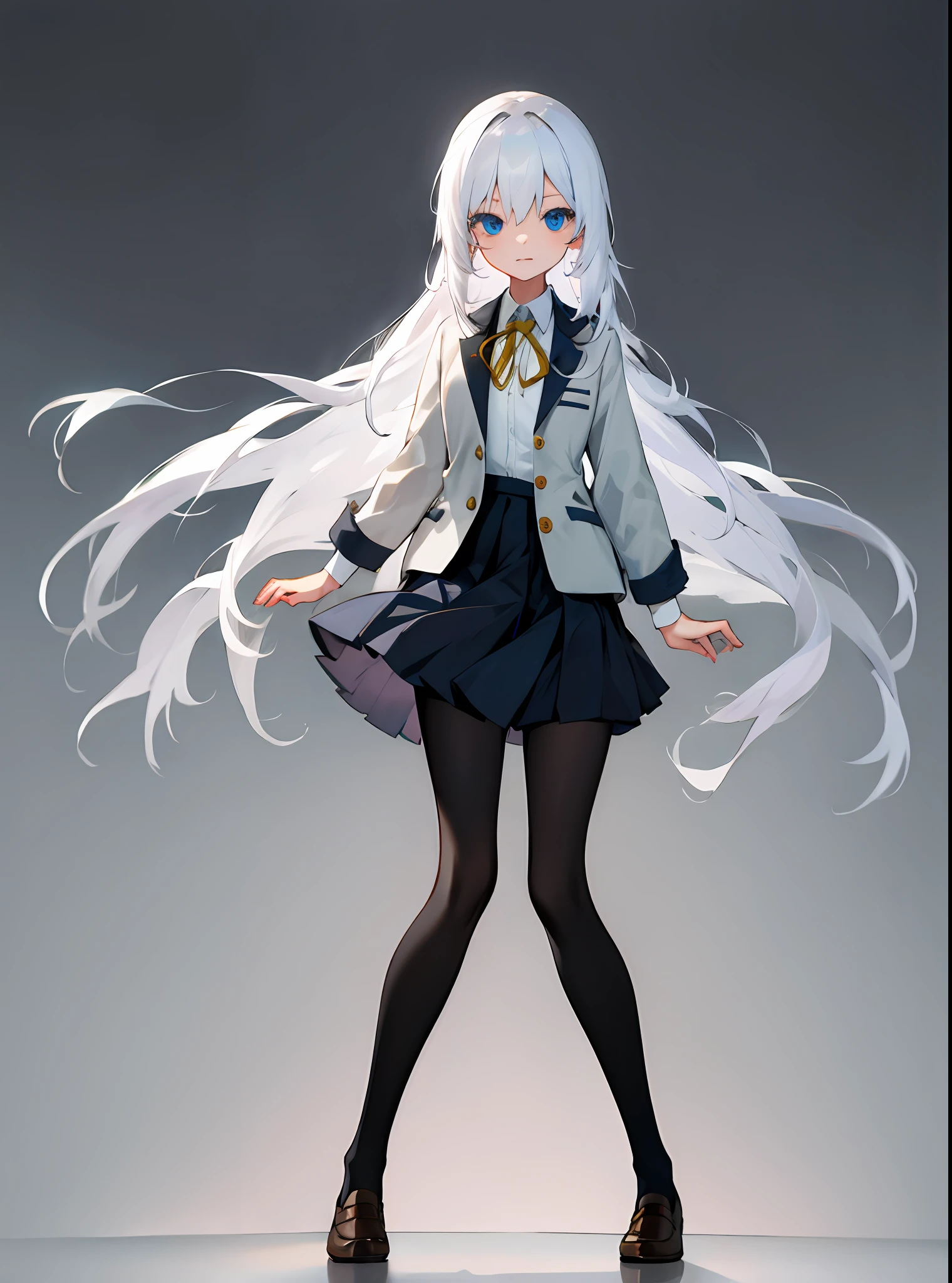 White hair,Black tights,schoolgirls,eBlue eyes,A high resolution,Long hair,white backgrounid