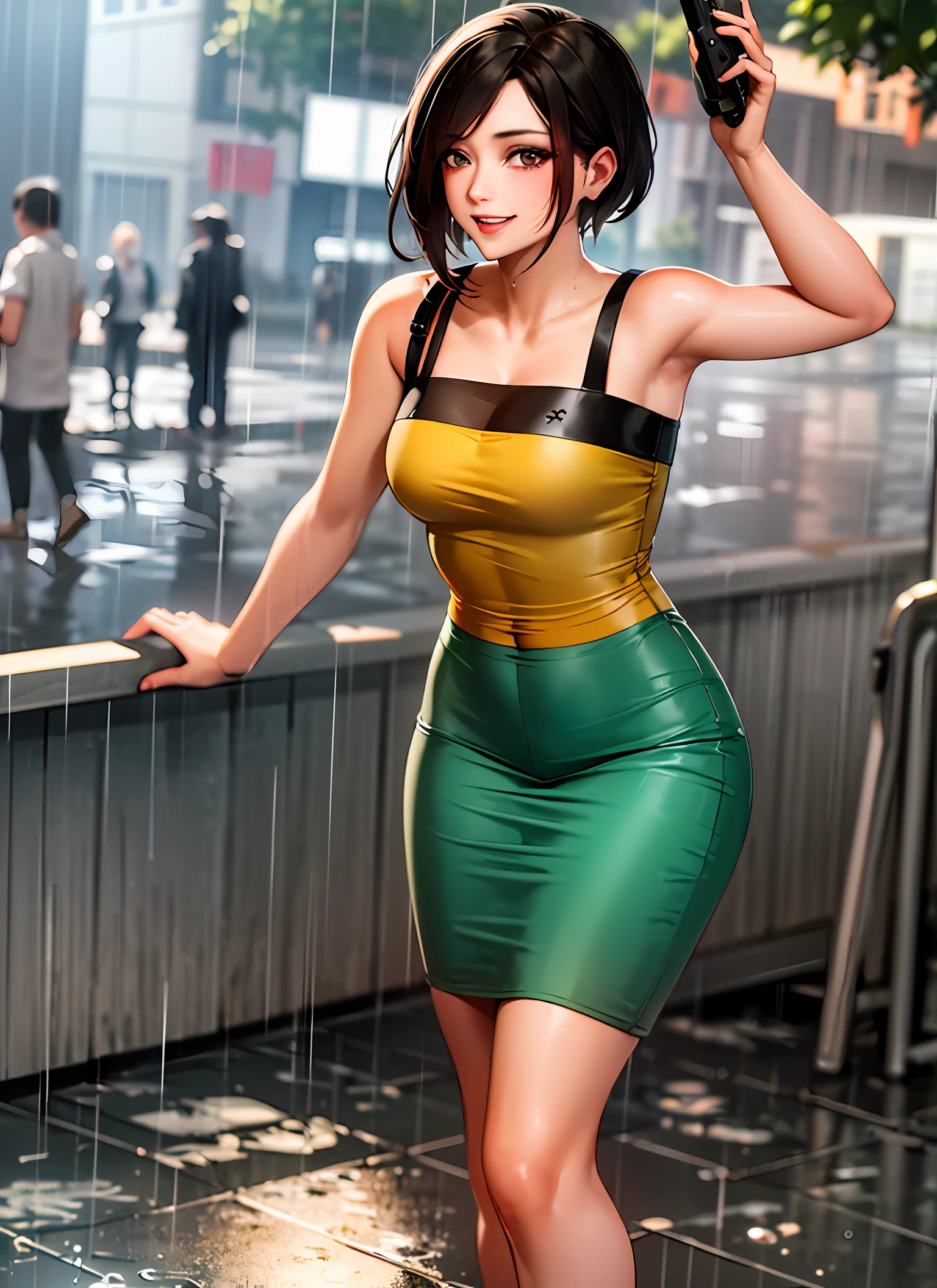 ((Best Quality, 8K, Masterpiece:1.3)), Focus: 1.2, Perfect Body Beauty: 1.4, Buttocks: 1.2, ((Layered Haircut, Breasts: 1.2)), (Wet Clothes: 1.1), (Rain, Street:1.3), Bandeau Dress: 1.1, Highly Detailed Face and Skin Texture, Fine Eyes, Double Eyelids, Whitening Skin, Long Hair, (Shut Up: 1.3), Smile