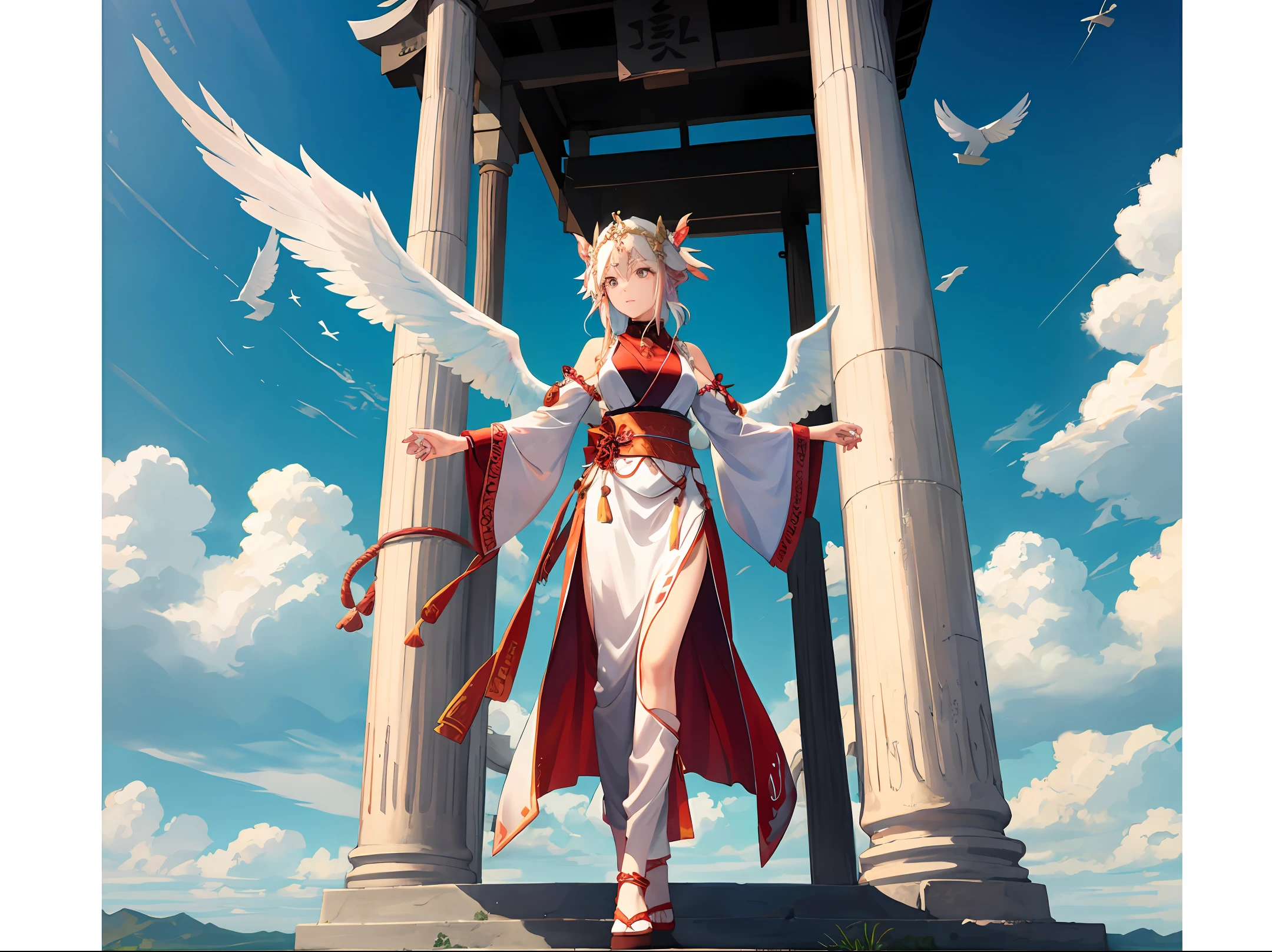 In front of the ancient shrine there is a goddess with wings flying