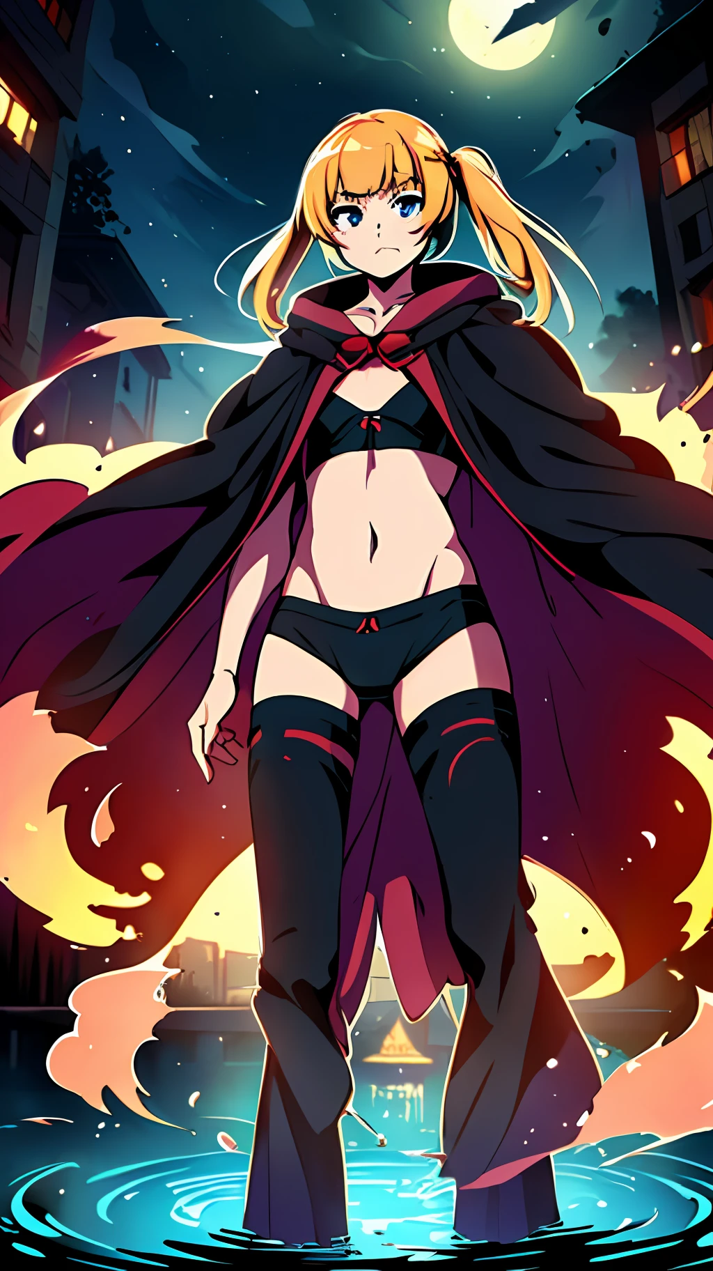 Anime Style, High Quality, High Details, A Lolita Vampire, ((blonde, long, loose fluffy, hair)), young outline, ((intimidating, jade, eyes)), mischievous mouth, ((Young body, Red dripping water)) ((black underwear, black cloak)), ((full moon, dark, night)), city, ((multiple magic circles)),