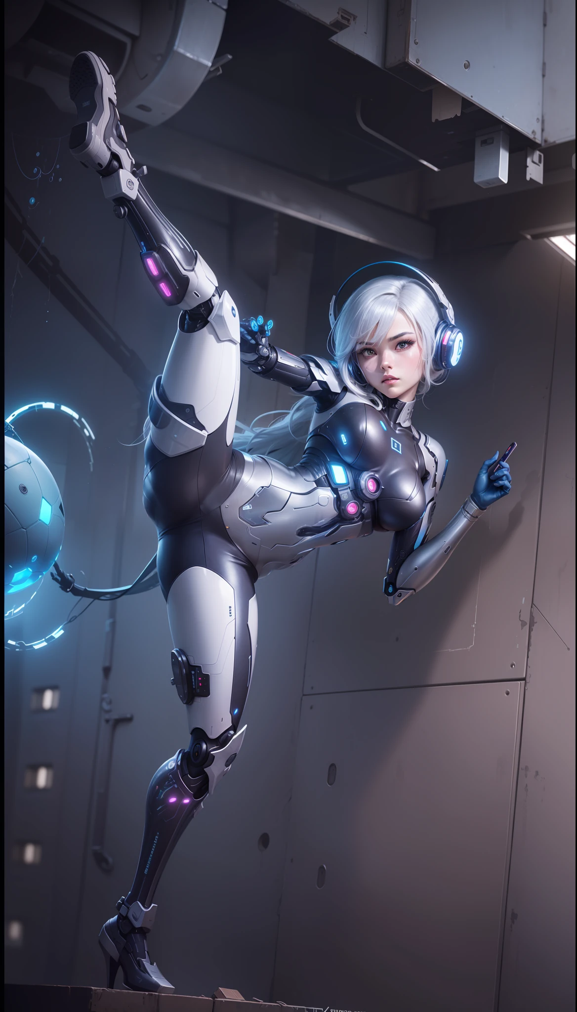 a close up of a person in a futuristic suit kicking a ball, perfect android girl, cute cyborg girl, cyborg - girl with silver hair, cyber suit, inspired by Leng Mei, android heroine, cyberpunk anime girl mech, perfect anime cyborg woman, 8K high quality detailed art, advanced digital anime art, beautiful female android!, Digital cyberpunk anime art, cyborg girl