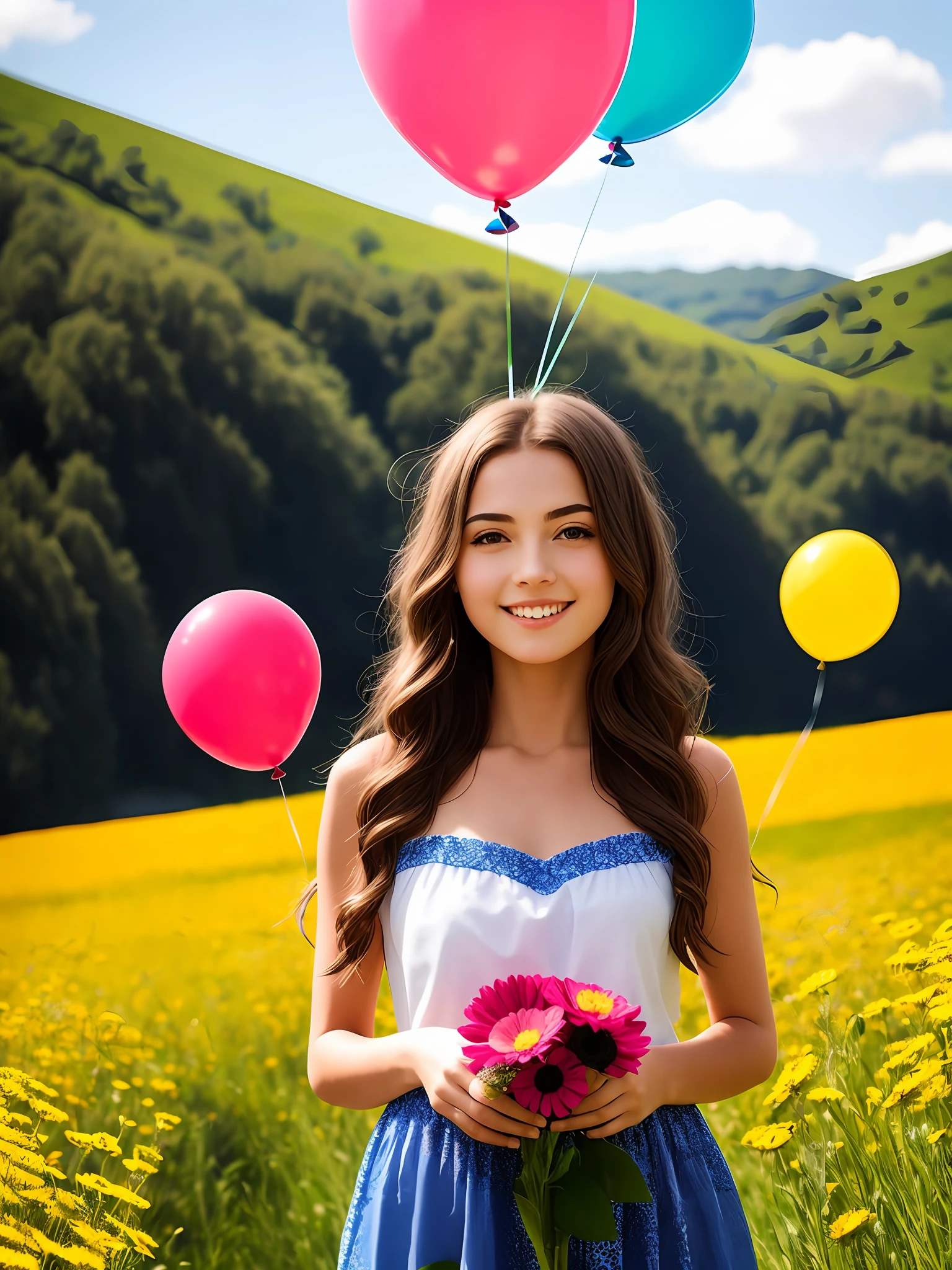 A girl holding flowers, colorful balloons floating in the sky, meadow, dancing, holding flowers, happy, happy, perfect quality, clear focus (clutter-home: 0.8), (masterpiece: 1.2) (Realistic: 1.2) (Bokeh) (Best quality) (Detailed skin: 1.3) (Intricate details) (8K) (Detail Eyes) (Sharp Focus), (Happy)