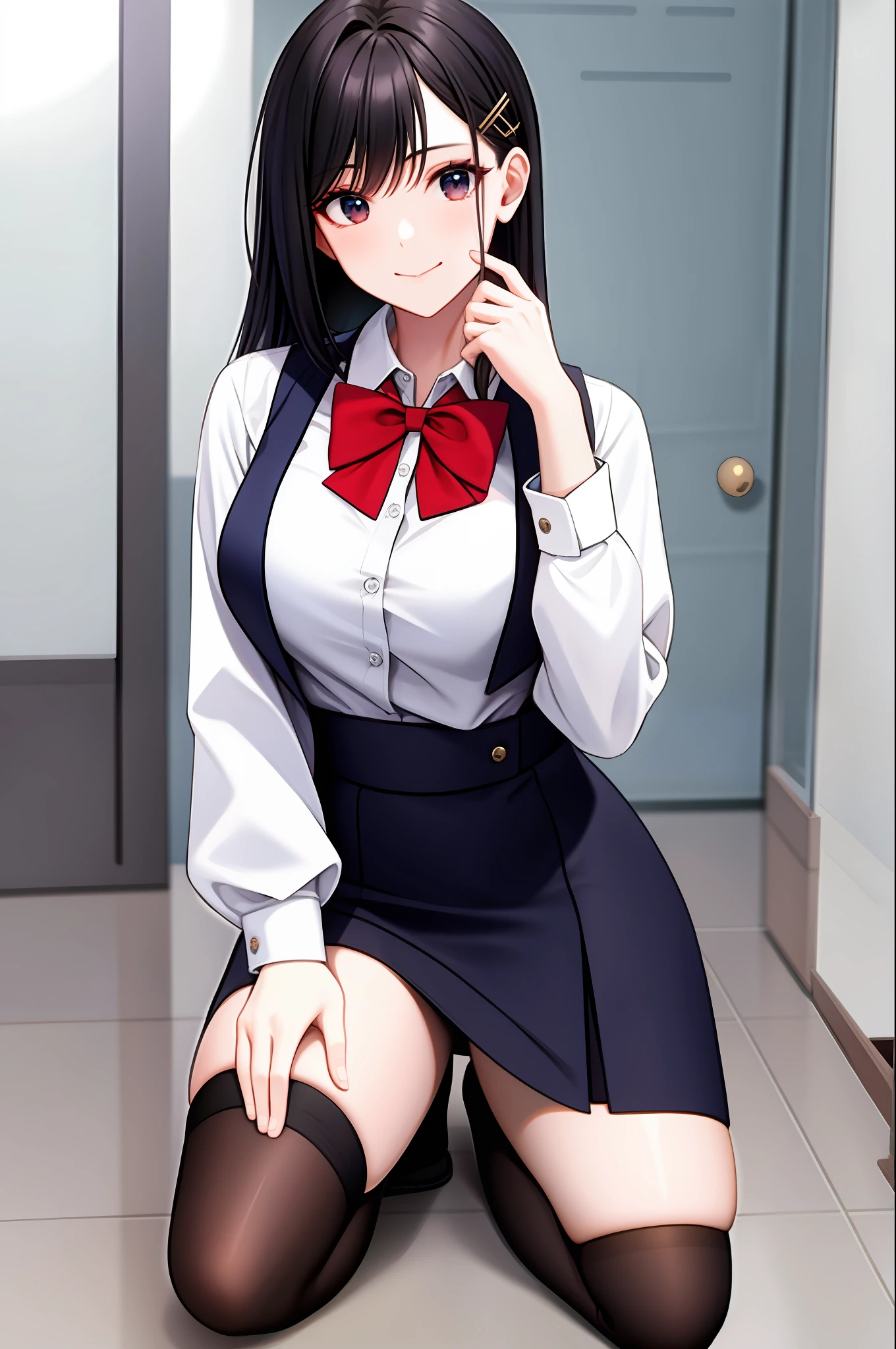 tmasterpiece， Best quality at best， A high resolution， fel1， hair pin， white  shirt， red bow， 校服， collared shir， sweater vest， red bowtie， exteriors， Kneeling，Black calf socks，Be red in the face