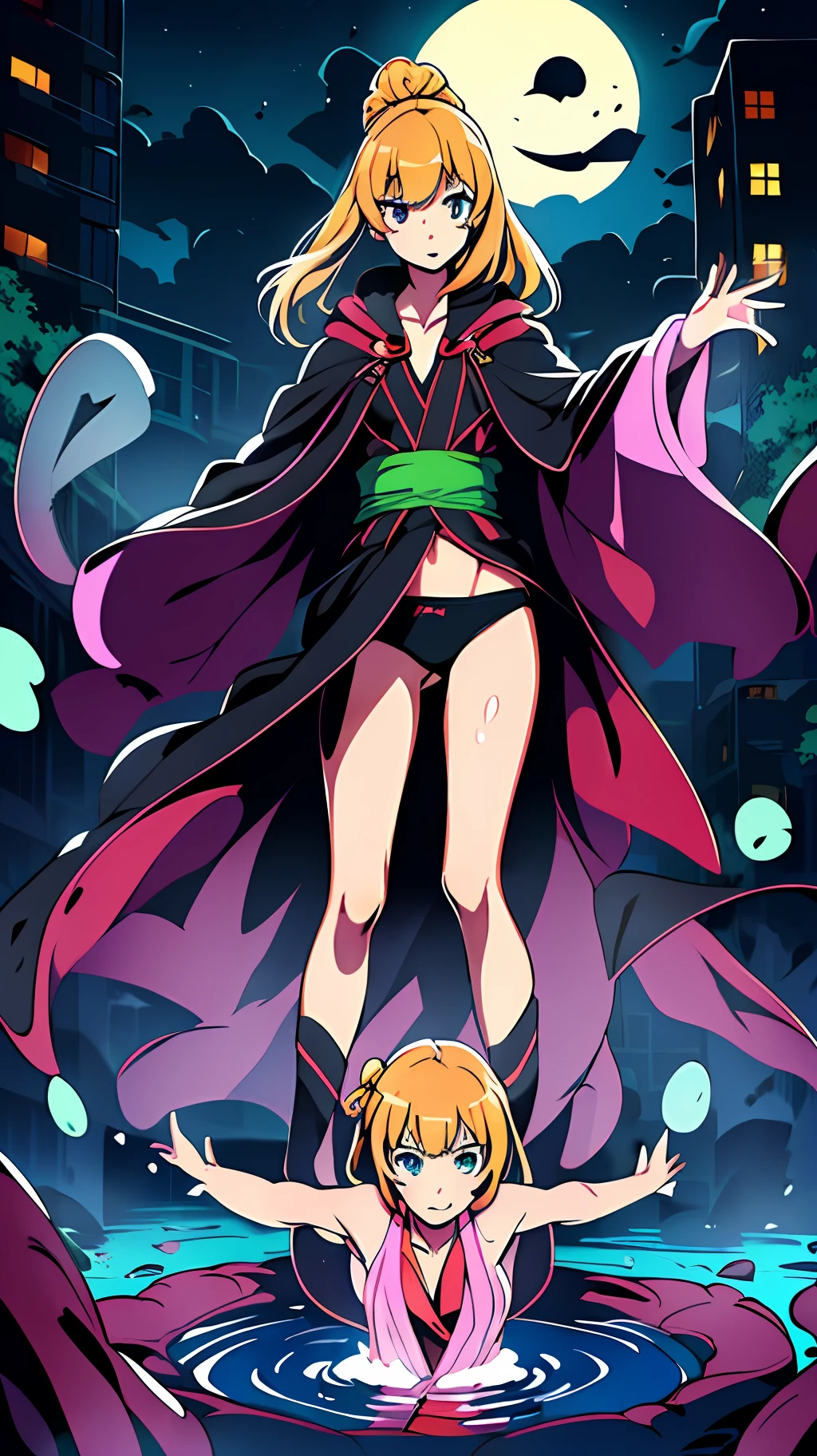 Anime Style, High Quality, High Details, A ta Vampire, ((blonde, long, loose fluffy, hair)), young outline, ((intimidating, jade, eyes)), mischievous mouth, ((Young body, Red dripping water)) ((black underwear, black cloak)), ((full moon, dark, night)), city, ((multiple magic circles)),