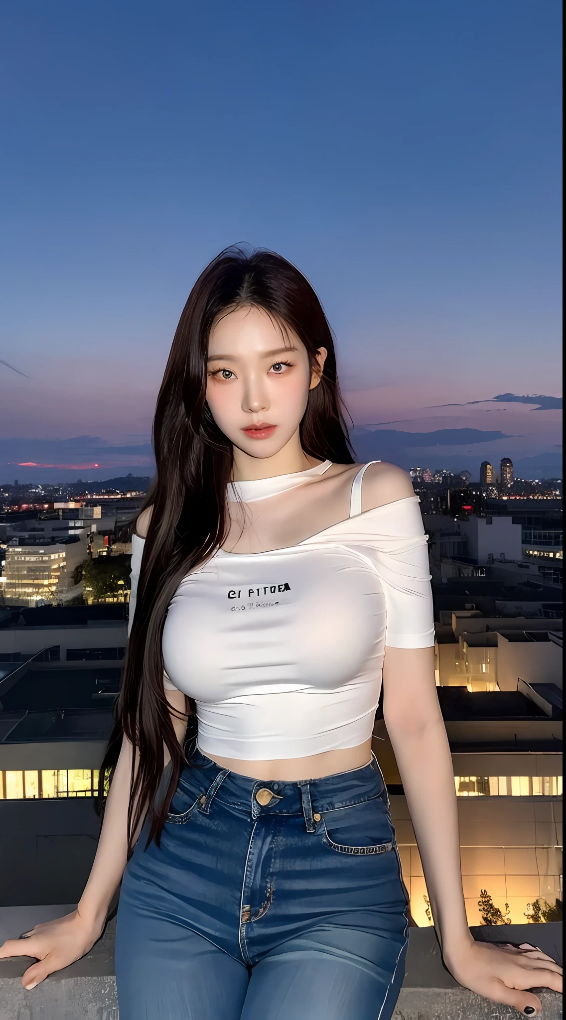 ((Midnight, Best quality, 8k, Masterpiece :1.3)), Whole body, Long legs, Sharp focus :1.2, A pretty woman with perfect figure :1.4, Slender abs :1.1, ((Dark brown hair, Big breasts :1.2)), (White tight tshirt, Jean bib, Standing:1.2), ((Night city view, Rooftop:1.3)), Highly detailed face and skin texture, Detailed eyes, Double eyelid, sunset, darken, backlit, off shoulder, large breast