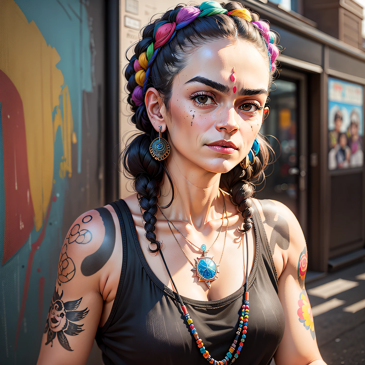 woman with short hair, dive bar, with a drink, tattoos, piercings, multi-colored hair, freckles, no people in background, photo realistic, real person, real photograph, detailed, sharp, high quality, two arms, no extra arms or legs, looks like real life, professional, high quality, taken in real time