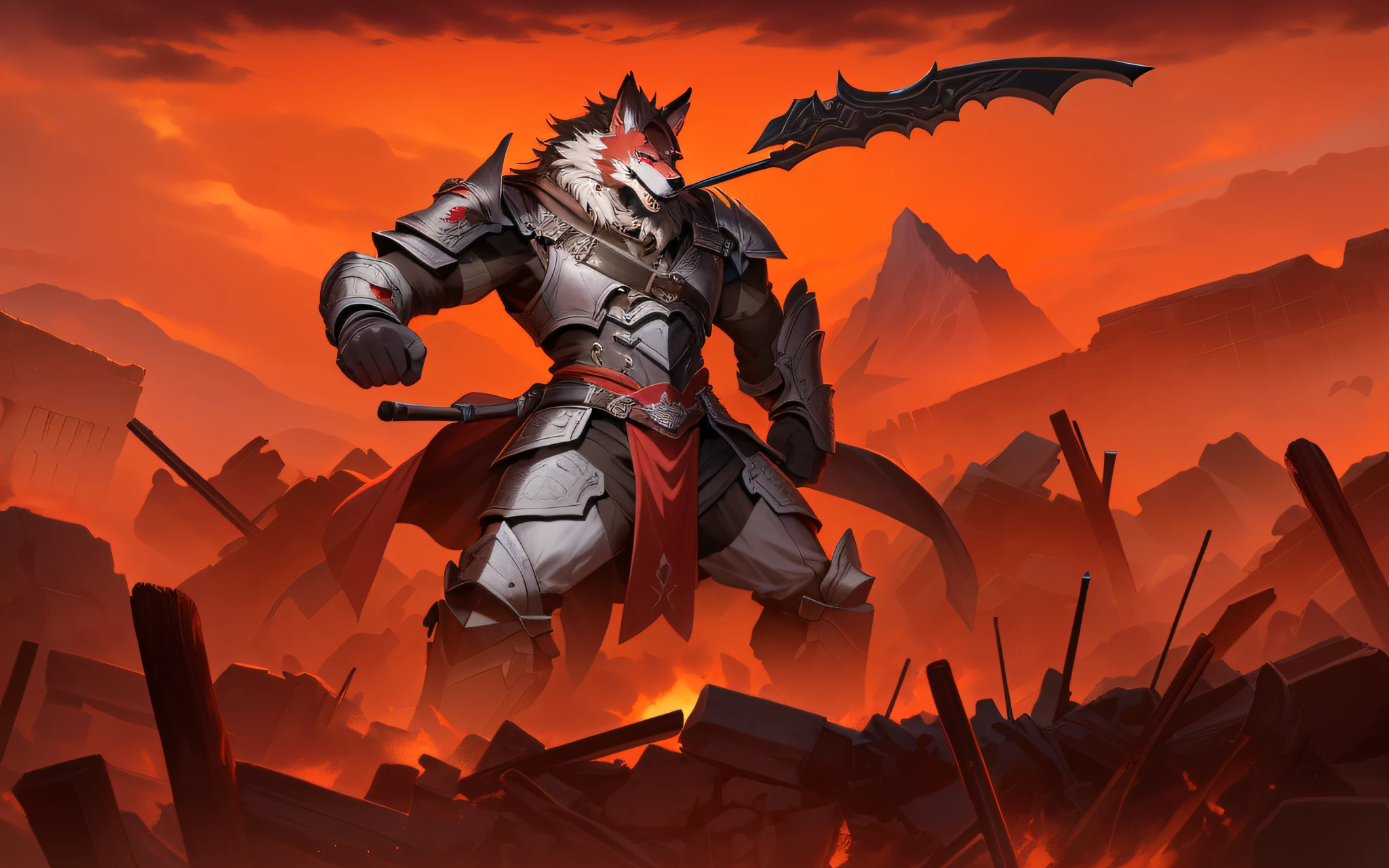 The range of high-quality war scenes surrounded by war turns on the red wolf,The evening light broke through the ruins and spilled wantonly,The god of war red werewolf stands proudly in the middle of the battlefield,Dressed in armor,Wolf hair covered over,The muscles bulge like a mountain。Sharp eyes,The blue pupils and the red cloak together bring out a cold and heroic posture,Gripping the weapon,Waiting for the next goal。