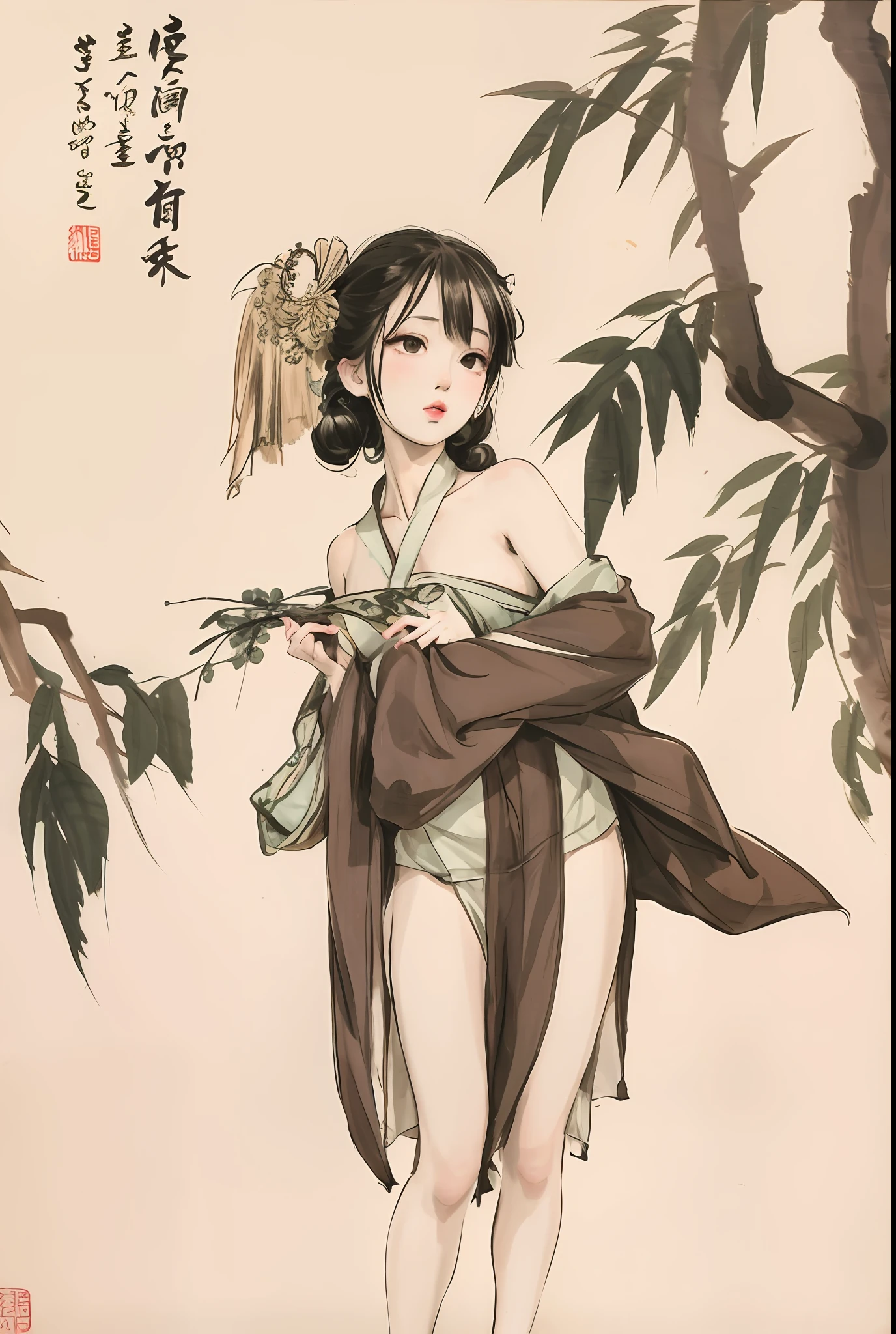 arafed woman in a kimono dress standing under a tree, Chinese painting style, Beautiful character painting,, Japanese art style, trending on cgstation,