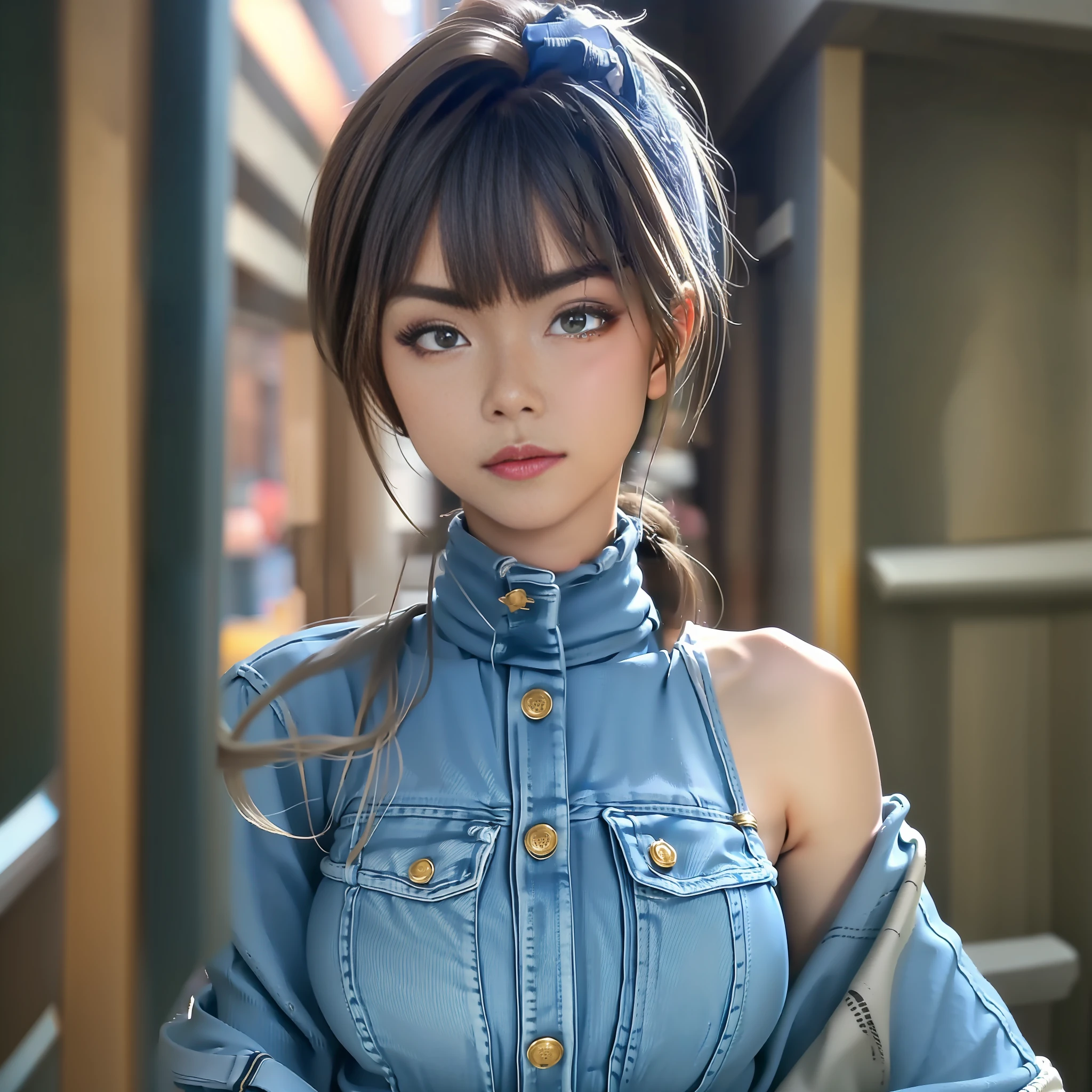 streetview，figure eight bangs，Low ponytail，Upper body body，Close-up of，skintight jeans，Smaller bust，Beautiful facial features，petty eyes，small-nose，Eyes are small，Cute looking，Real Human，