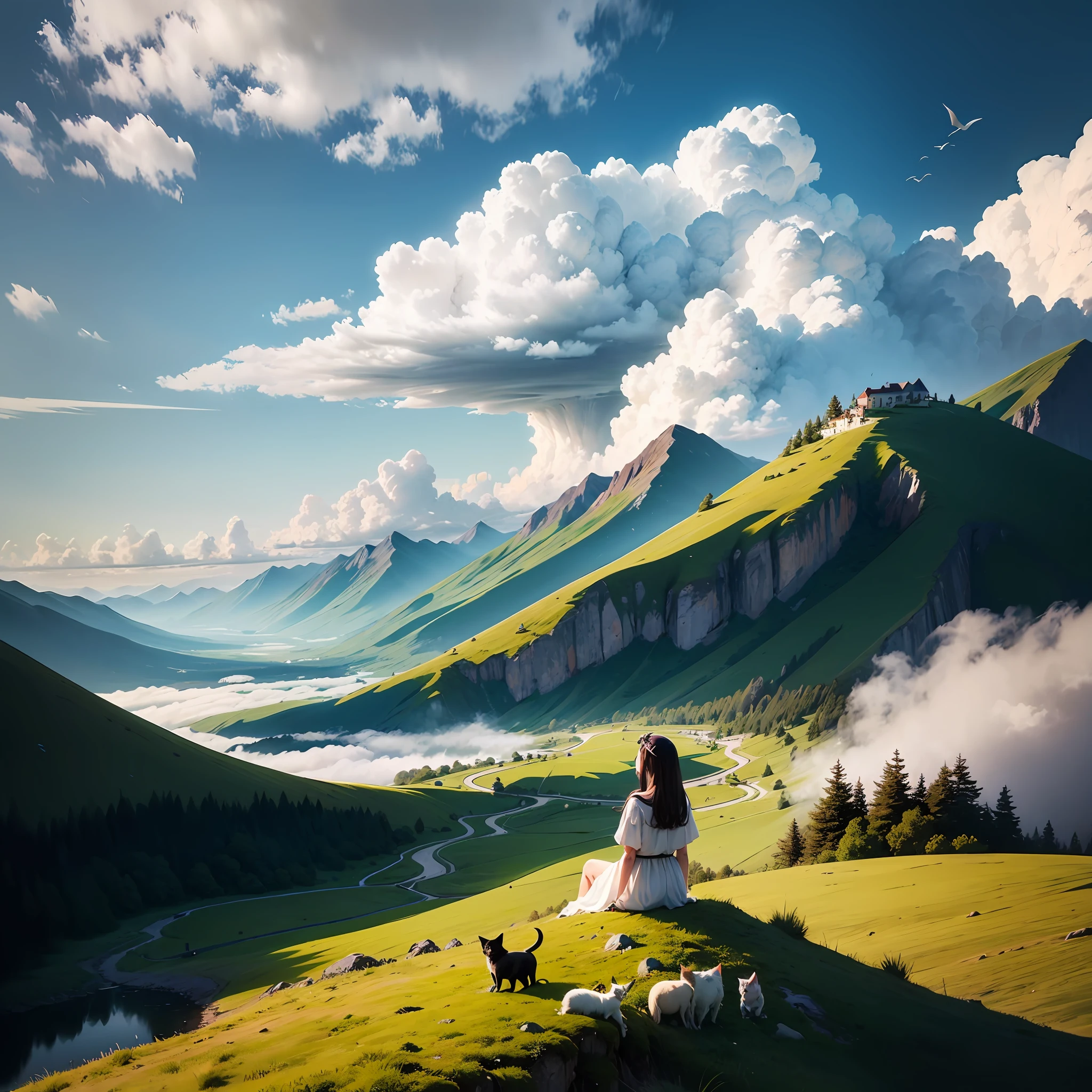 eventide,Sea of Clouds,The bird,Girl in white,catss,grassy fields,brook,mountain peaks,village --auto
