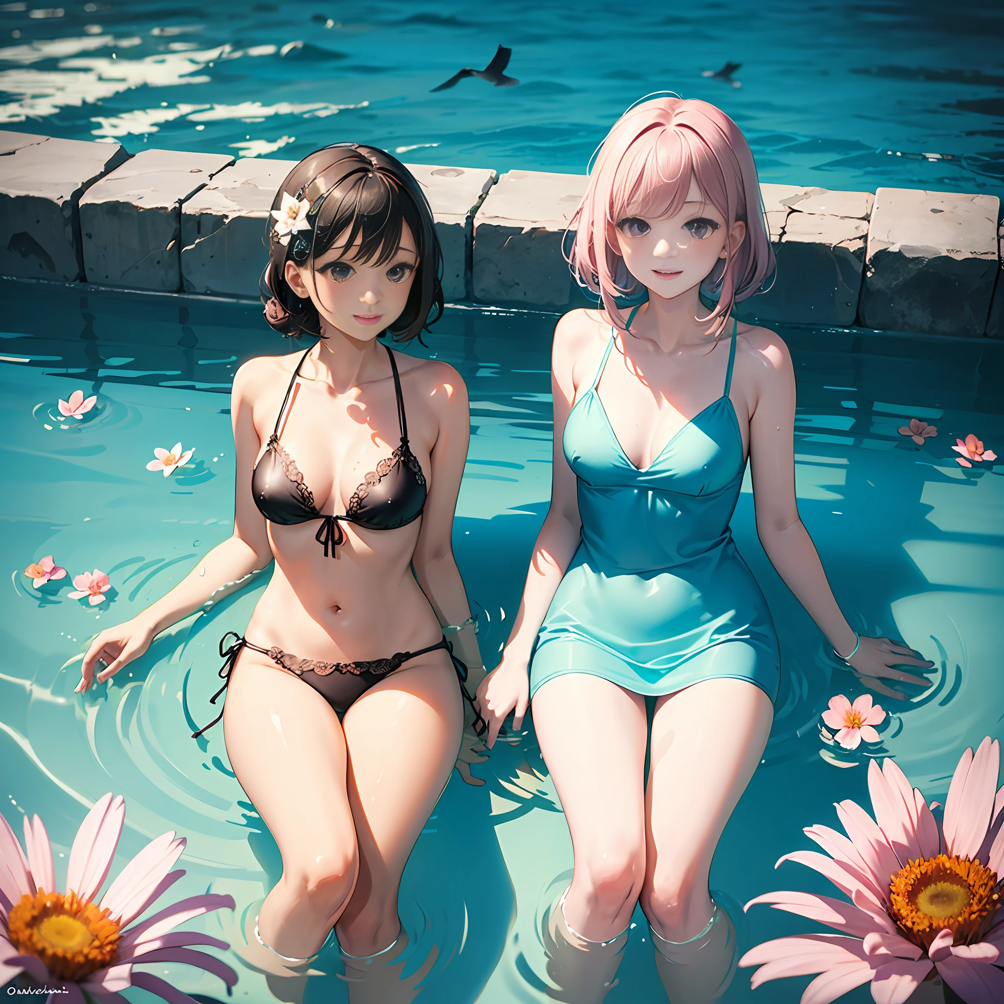 Little birds swim six flowers