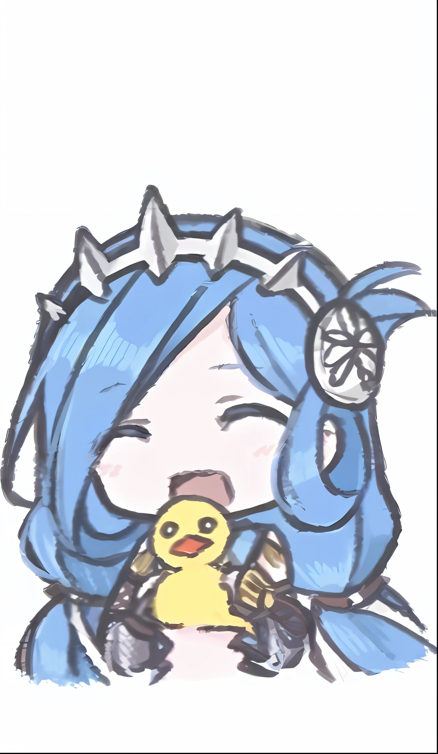cartoon drawing of a girl with blue hair holding a yellow duck, she has a cute expressive face, 《Fire Emblem》Lucina, twitch emote, telegraph stickers, She has pale blue skin!!!, vivy, aqua from konosuba, sona is a slender, [[[[grinning evily]]]], resin, ahegao face