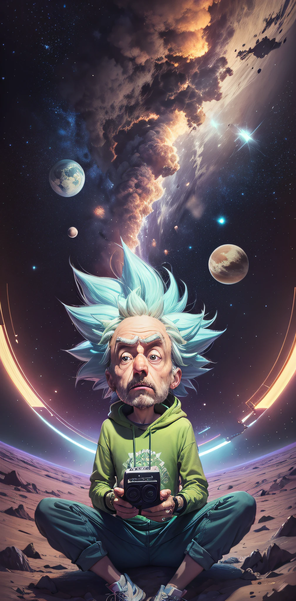 ((Rick Sanchez)), Rick e Morty, Hiper realista, cinemactic, on space , pensativo , reflexivo , Ultra realista , 4k , na lua olhando para o planeta terra , rick esta de longe na imagem ,