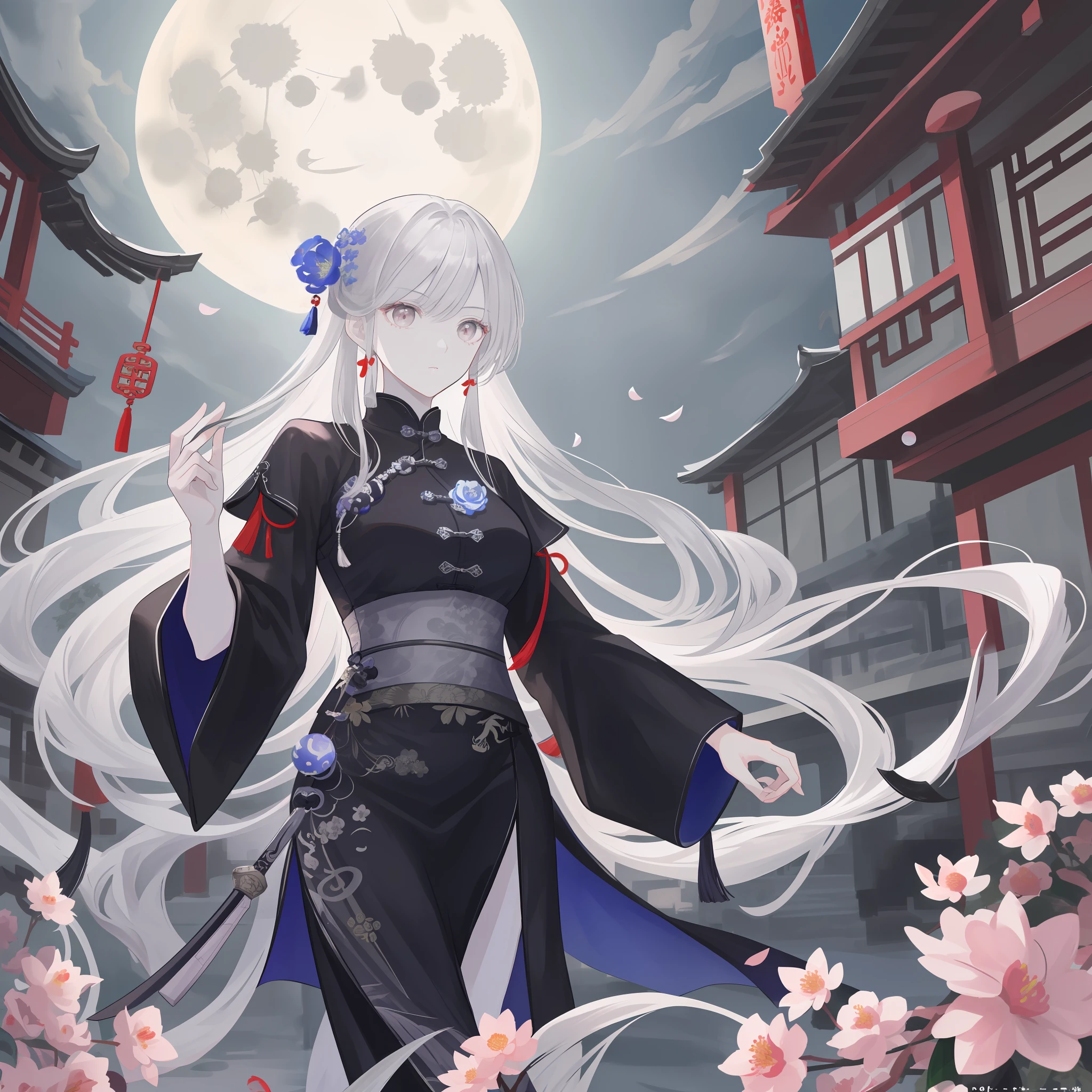 Masterpiece, Best, Night, Full Moon, 1 Female, Mature Woman, Chinese Style, Ancient China, Elder Sister, Royal Sister, Cold Face, Expressionless, Silver White Long Haired Woman, Pale Pink Lips, Calm, Intellectual, Three Belts, Gray Hitomi, assassin, dagger, flower ball background, street view