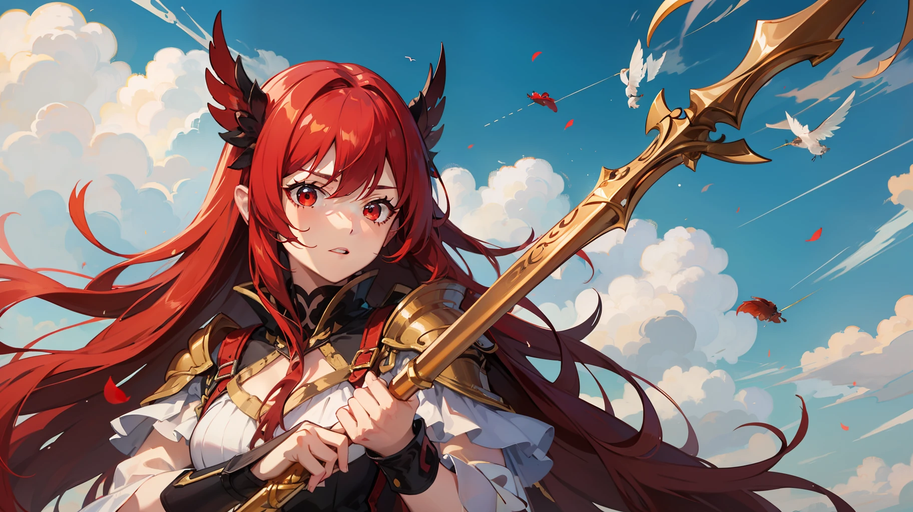 Red long-haired,red - eyed,Fly in the air,holding a long spear,