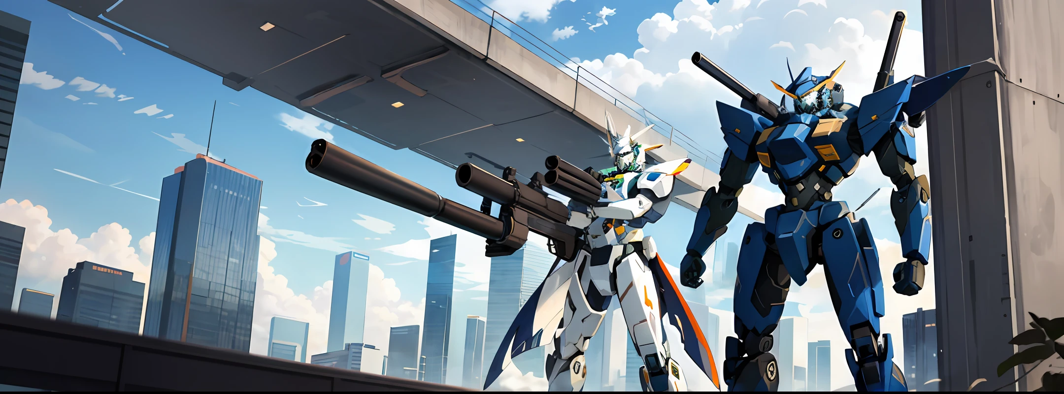 mechs,the future,A person stands on the arm,white colors,Mecha armed with a sniper rifle,Background in the city of the future