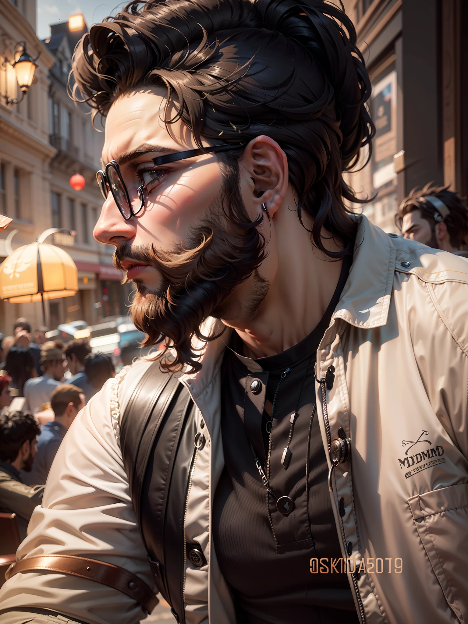 Super realistic 8k max resolution pictures of a very stylish and smart guy with beard and midium long hair. Scin toon in.