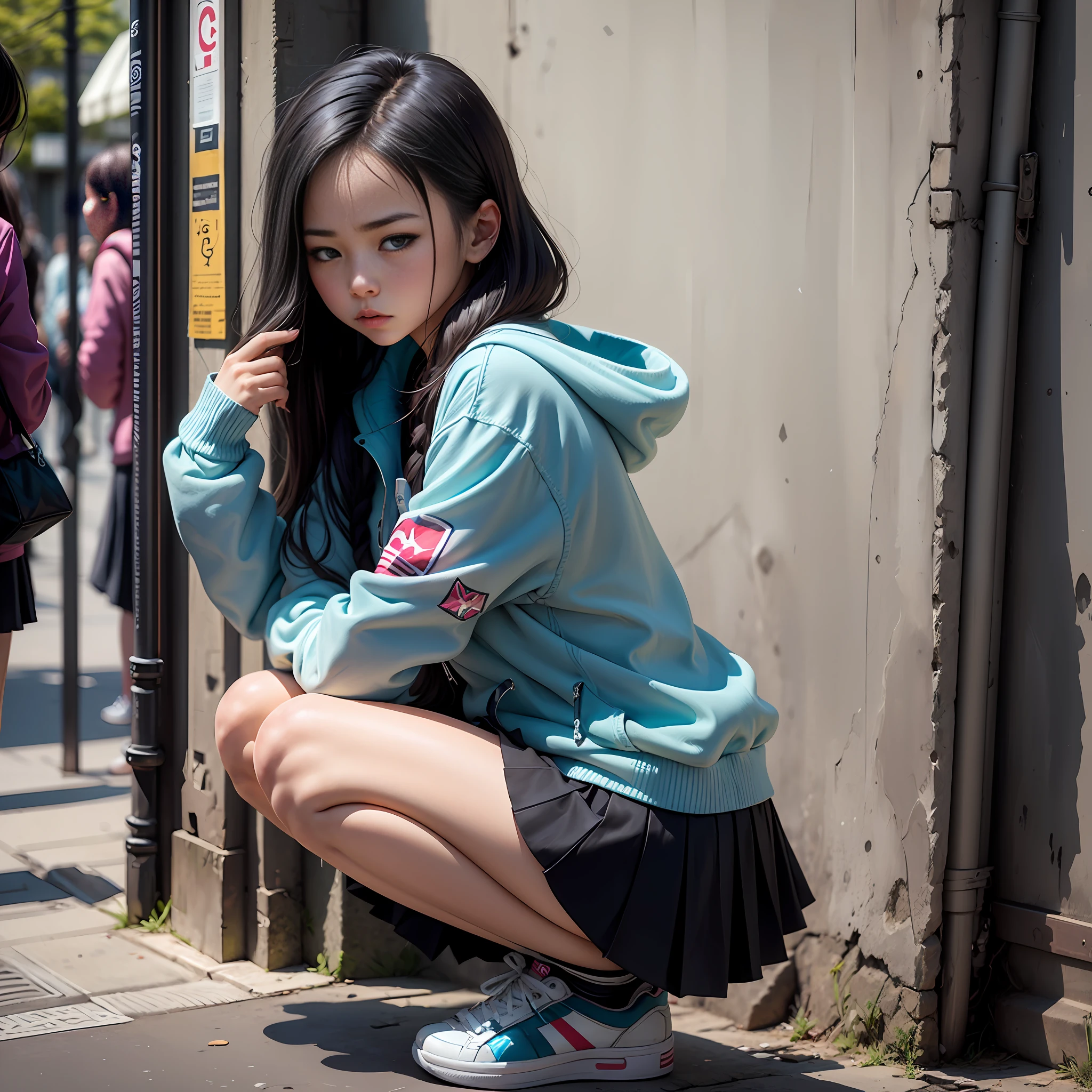teens girl，Long sleeves cover hands，whaite hair，blue eyess，short stature，saddened，A skirt supplemented by white and blue，Broken bass，exteriors，In the daytime，Squat，street japan --auto