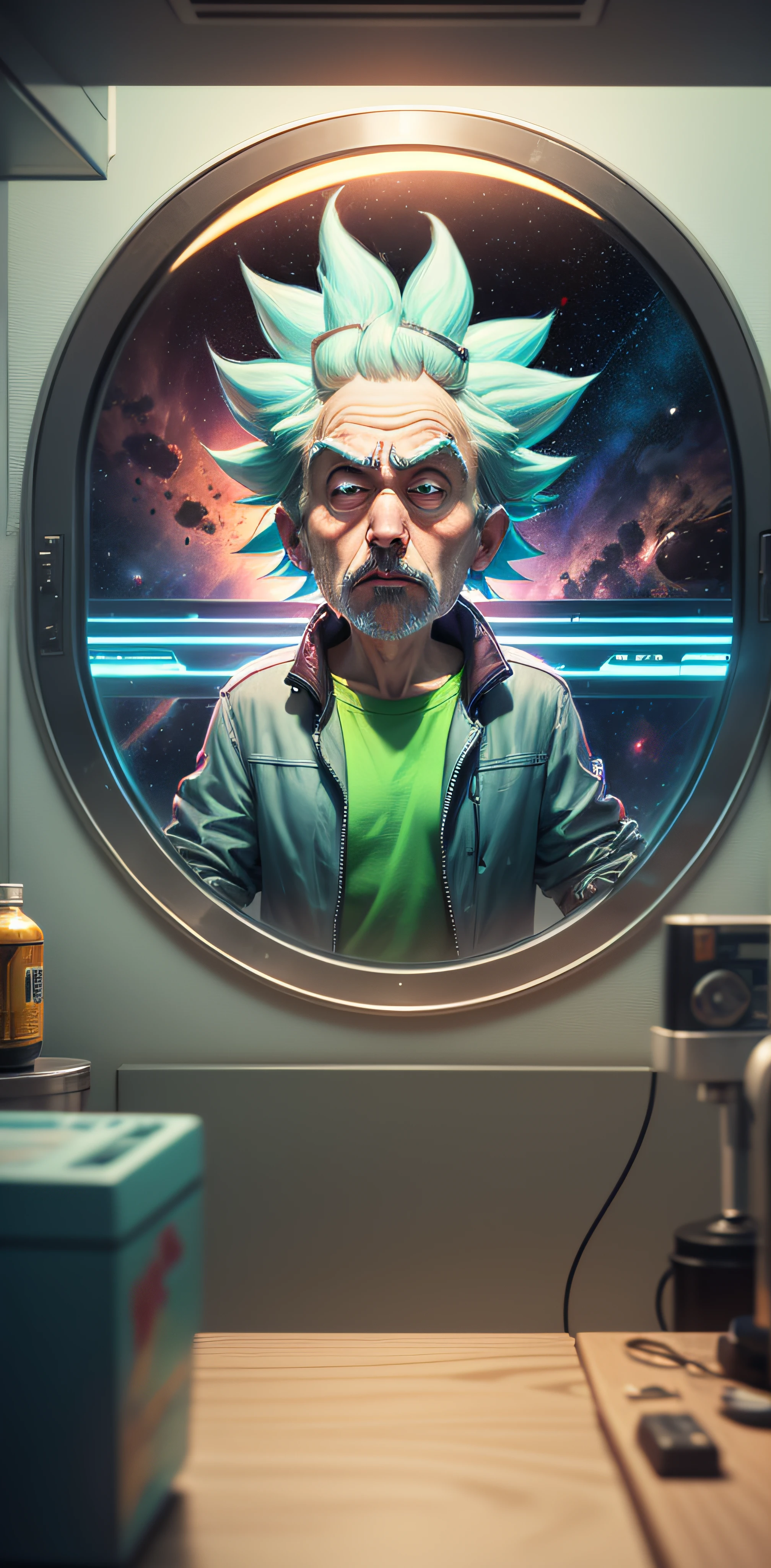 ((Rick Sanchez)), rick and morty, hiper realista, cinemactic, on space , pensativo , reflexivo , ultra realista , 4k