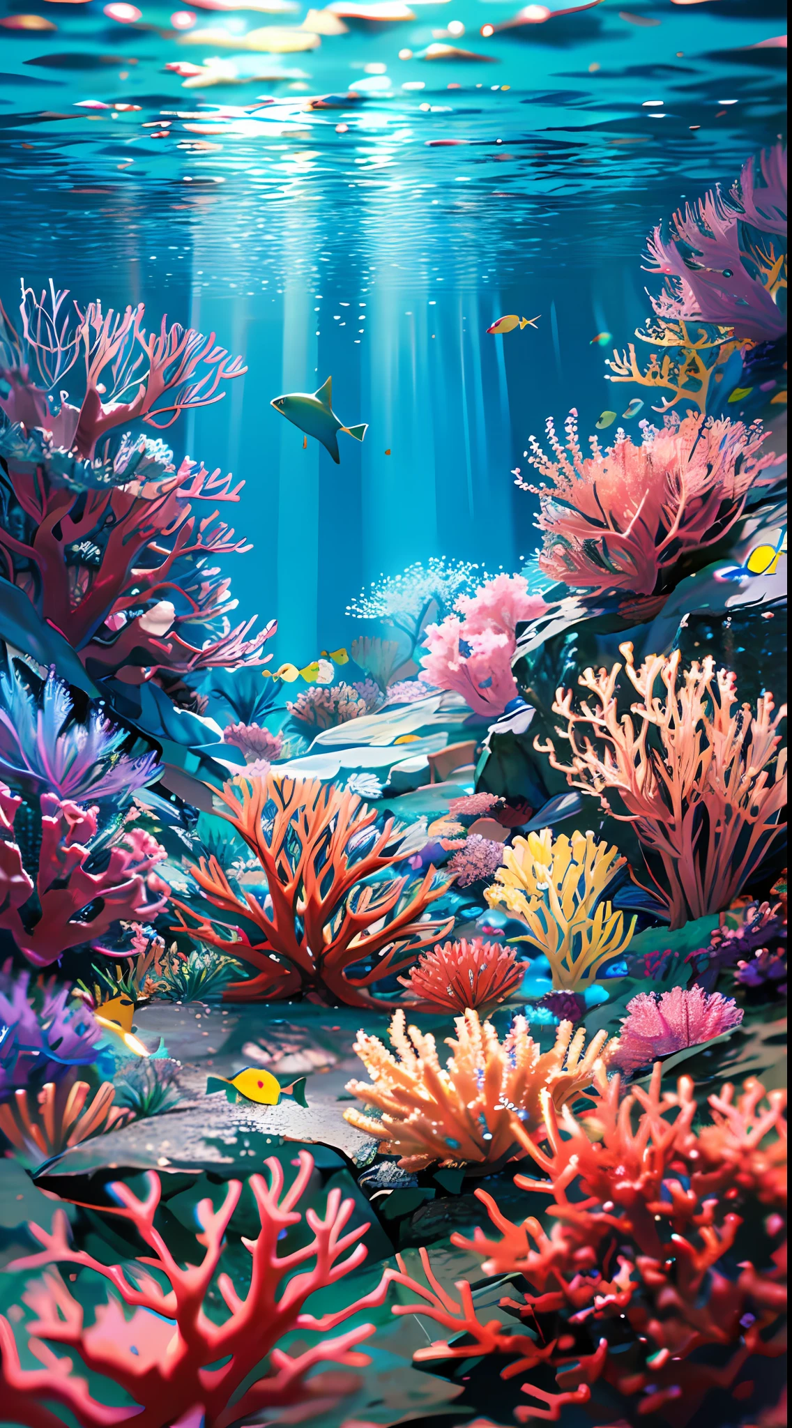 (masterpiece, best quality:1.2), (no humans, cliff, underwater, perspective, from below:1.5), 8k, raw photo, absurdres, beautiful coral reef, rocks, many very small fishs, colorful tropical fishs, light leaks, depth of field, stunning scape, film grain, chromatic aberration, dynamic lighting, dramatic lighting, HDR, photorealistic, film grain, chromatic aberration, highres, ultra detailed, finely detail, extremely detailed, shadow, sharp focus