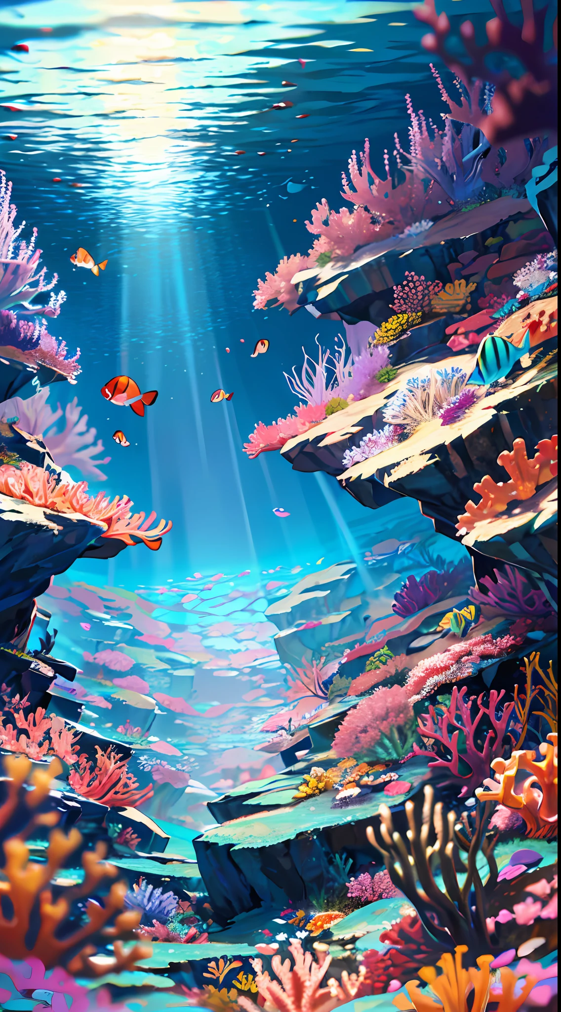 (masterpiece, best quality:1.2), (no humans, cliff, underwater, perspective, from below:1.5), 8k, raw photo, absurdres, beautiful coral reef, rocks, many very small fishs, colorful tropical fishs, light leaks, depth of field, stunning scape, film grain, chromatic aberration, dynamic lighting, dramatic lighting, HDR, photorealistic, film grain, chromatic aberration, highres, ultra detailed, finely detail, extremely detailed, shadow, sharp focus