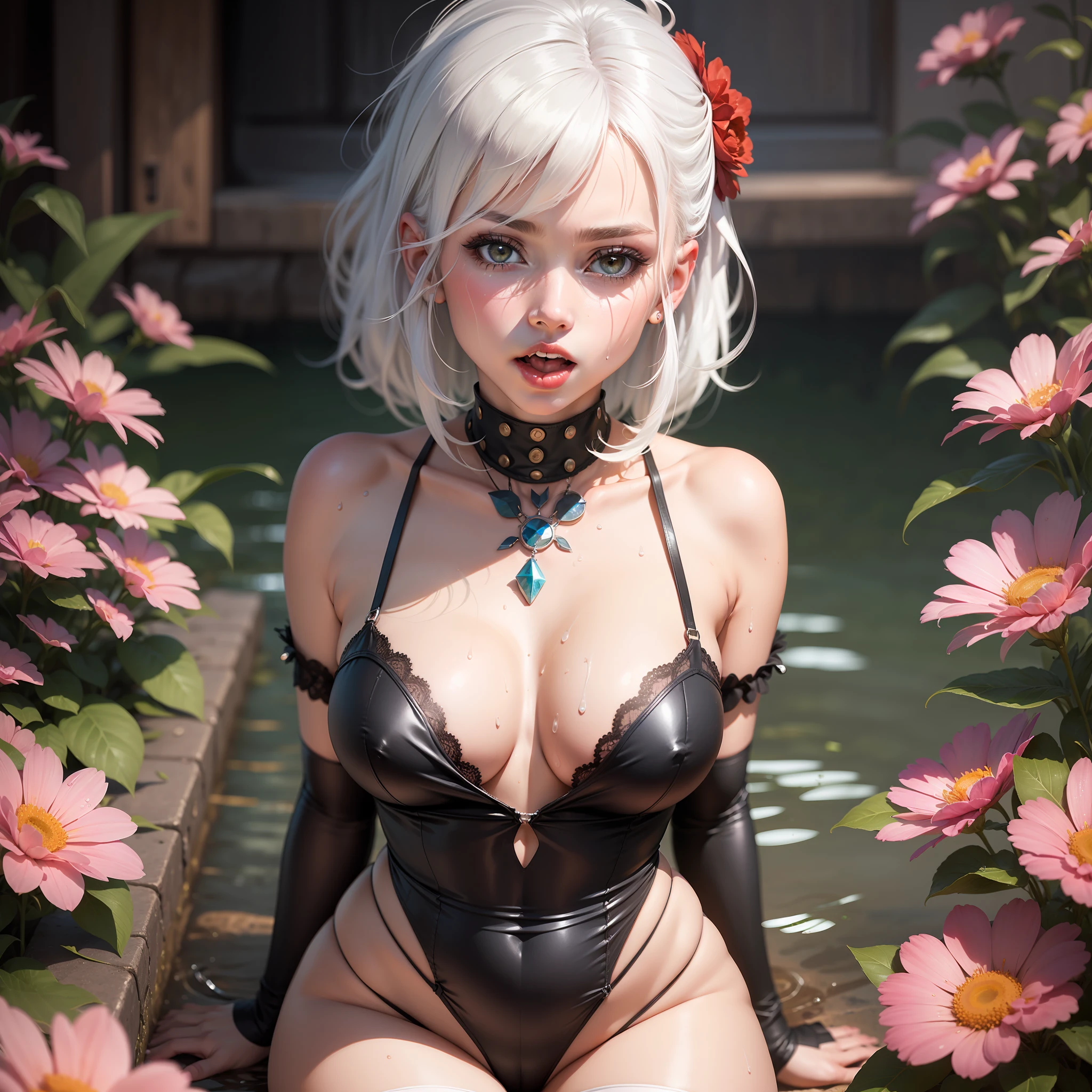 realisticlying，1girll，White hair，Slightly open lips，Tongue Stud，black lence stockings，Be red in the face，the night，fresh flowers，suns，soaking wet，did not wear underwear