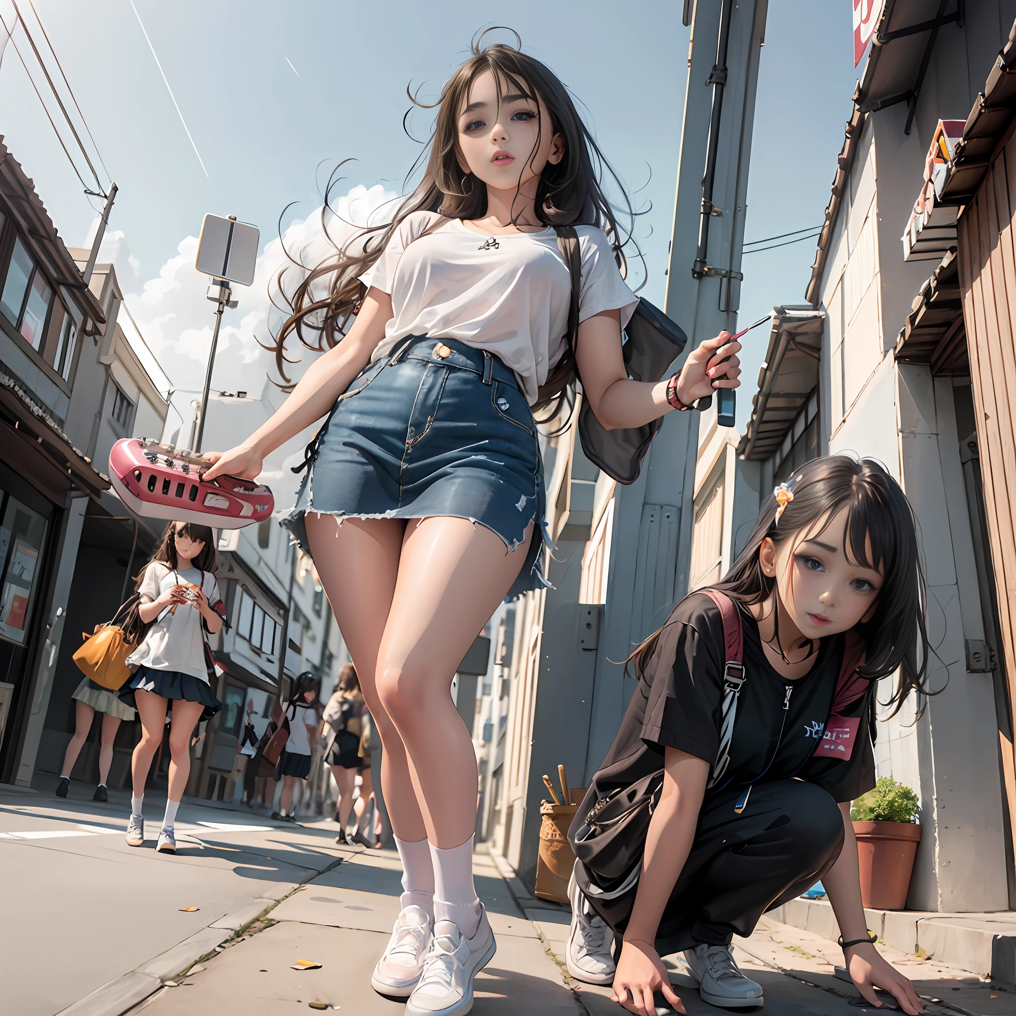 teens girl，whaite hair，blue eyess，，A skirt supplemented by white and blue，exteriors，In the daytime，street japan ，Manhwa Style，Eat lollipop white socks，White basketball shoes，Handheld electric guitar，