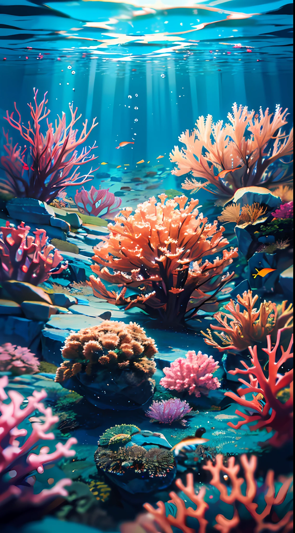 (masterpiece, best quality:1.2), (no humans, cliff, underwater, perspective, from below:1.5), 8k, raw photo, absurdres, beautiful coral reef, rocks, many very small fishs, colorful tropical fishs, light leaks, depth of field, stunning scape, film grain, chromatic aberration, dynamic lighting, dramatic lighting, HDR, photorealistic, film grain, chromatic aberration, highres, ultra detailed, finely detail, extremely detailed, shadow, sharp focus