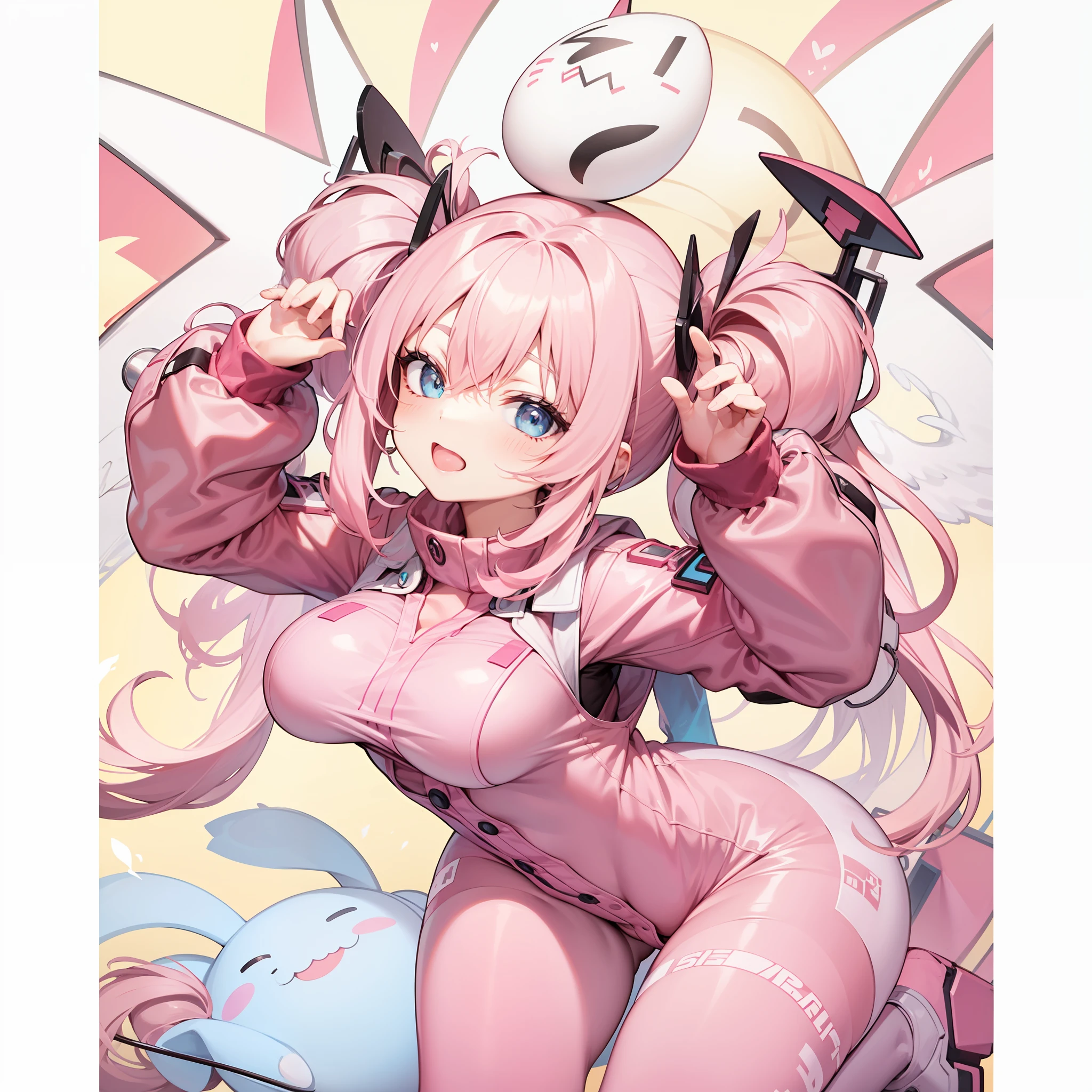 Pink mech,A pink-haired,blue color eyes,Be red in the face,hyper-detailing,A high resolution