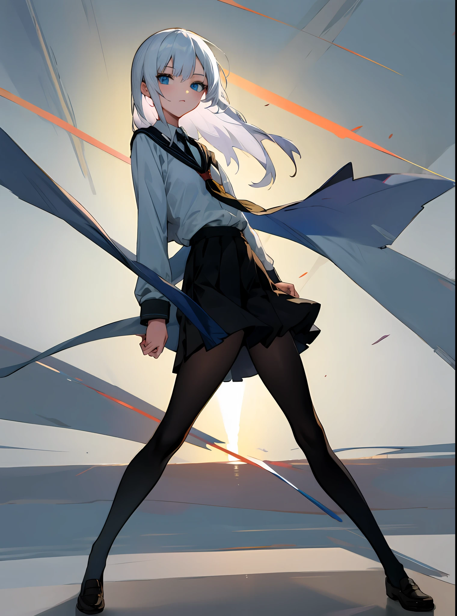 White hair，Black tights，schoolgirls，eBlue eyes，A high resolution，Long hair，One guy