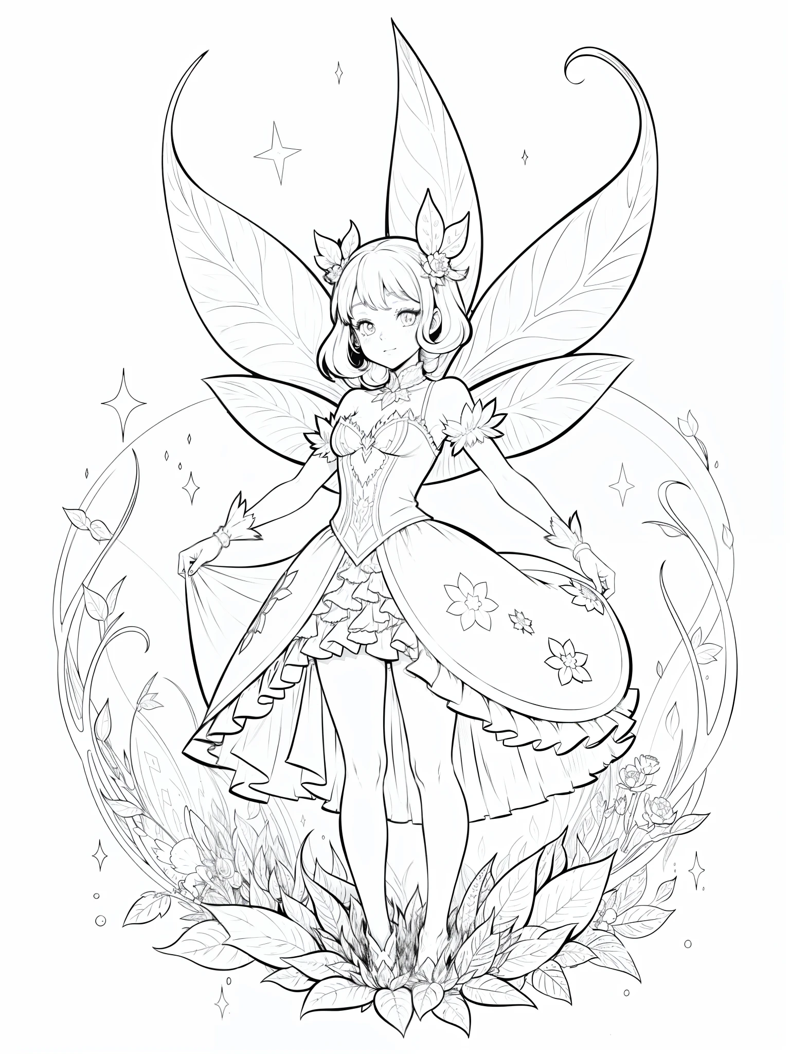 An ice fairy (outline illustration for a coloring page), anime style, black and white illustration