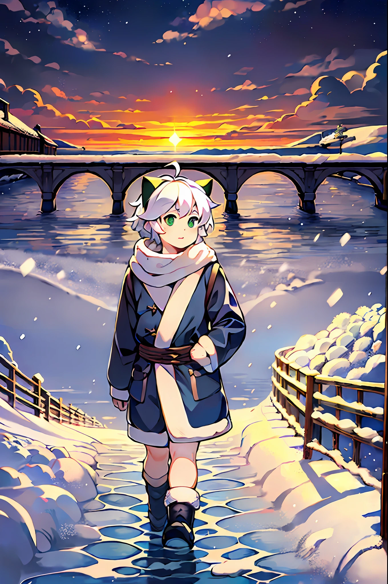 ((((absurderes)))), ((((巨作)))),((Best quality)),(((1boys))), White hair, Green eyes, Short hair, Cat ears, ahoge, Standing, close mouth, Smile, Big eyes, looking at viewert, Walking, ((winter clothes)), Snow, Bridge, sky, Sunset, Cloudy, steams, smoke clouds, Star, Lens flare, Bird, snowflower, Wind, River, (((Extremely detailed))), (((Ultra-detailed))), offical wallpaper,