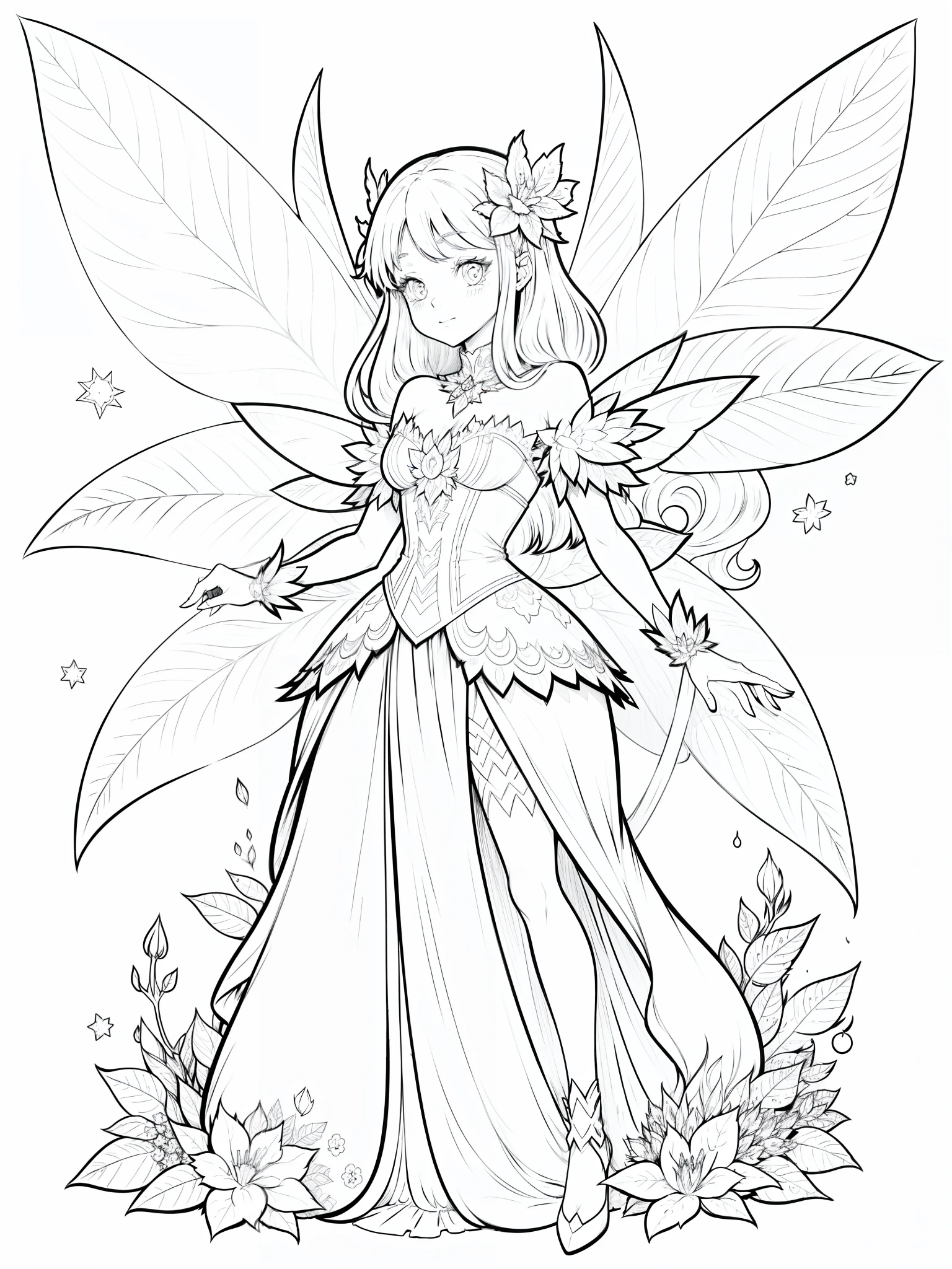 An ice fairy (outline illustration for a coloring page), anime style, black and white illustration