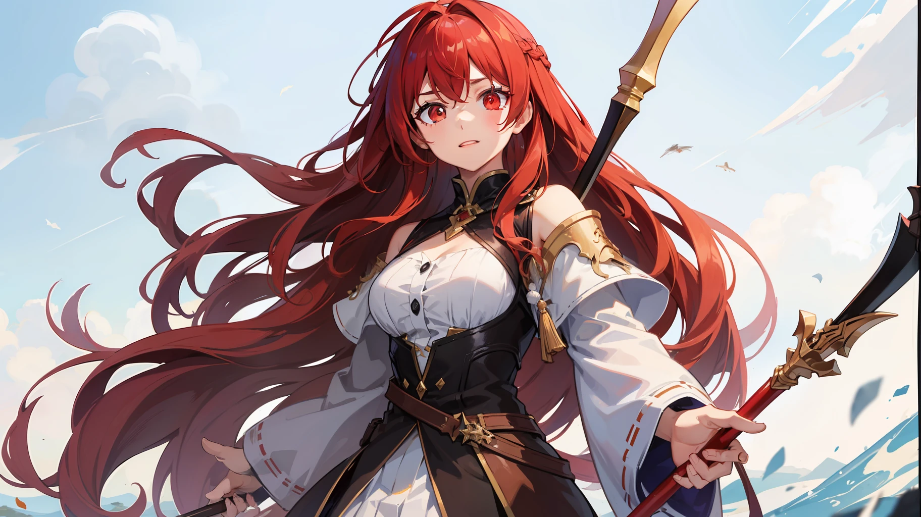 Red long-haired，red - eyed，Fly in the air，holding a long spear，