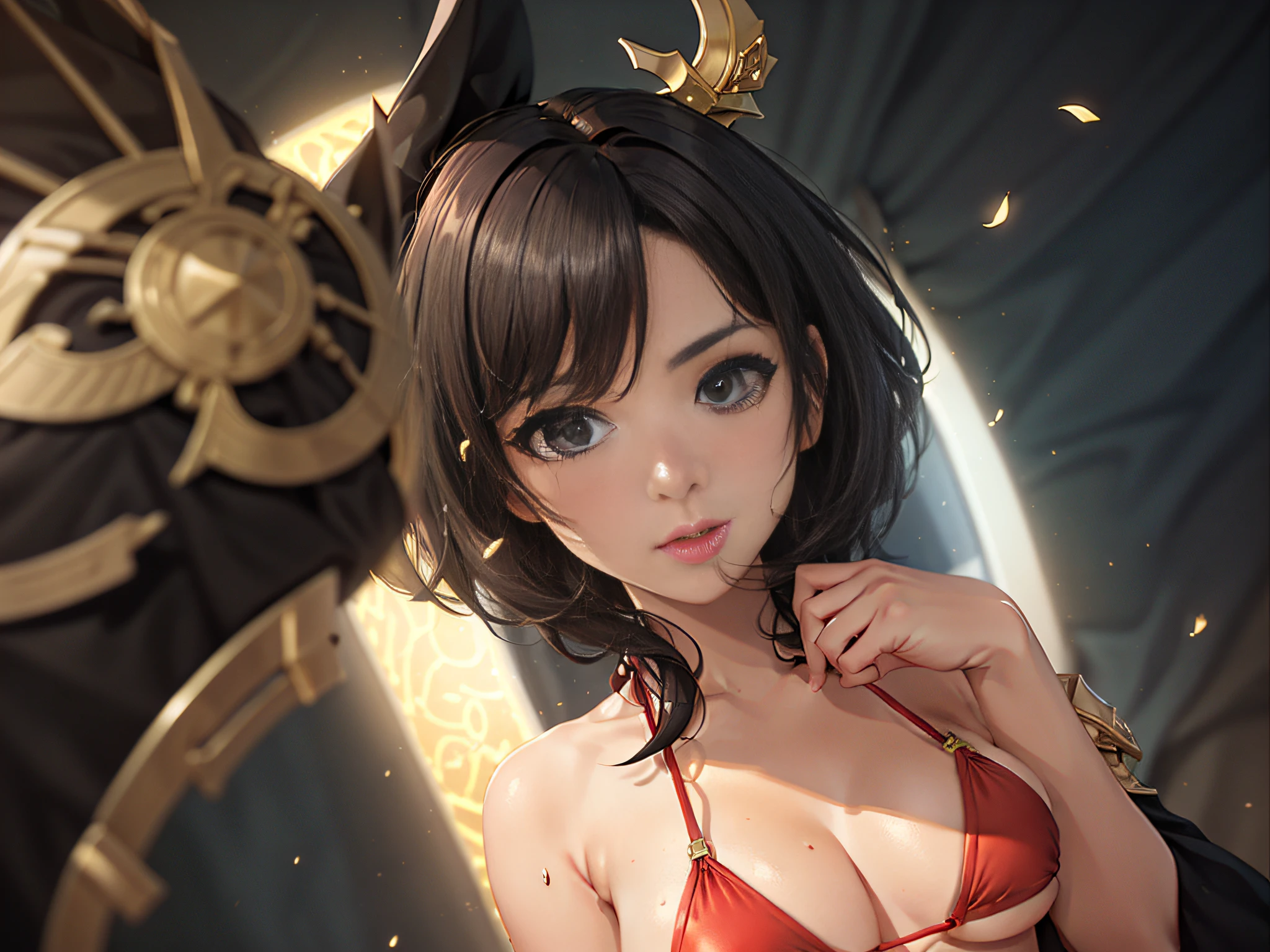 Arte oficial, Unity 8k wallpaper, ultra detalhe, obra-prima, melhor qualidade, uma mulher, (muito detalhado), (foto RAW, melhor qualidade), (realista, fotorrealista: 1.3), highes definition, abrindo a boca levemente, ultra-detailed complex 3D rendering of the face, (seios grandes: 8.8), (pele altamente detalhada: 1.2), (exposure: 1.1), mulher branca bonita com bunda grande seios macios e pele brancaO (topless), peito, cabelos brancos, olhos amarelos, cabelos longos, ( ( ( ( transparent silk micro red bikini)), dinamic angle, mystical expression, efeito de brilho de fogo, fundo de fantasia, rim lighting, luz lateral, cinematiclight, ultra high-definition, 8k, movie grain, melhor sombra, particles of light, textura de pele detalhada, rosto detalhado, sobrancelhas douradas, ultra detalhe, Clock viewer, armadura de ouro, decote, abdominais finos, tendo uma arma brilhante, ter um belo escudo, vara dron, (detalhada e bela coroa enorme)), olhos brilhantes, longo manto rosa, fantasia, (realista),