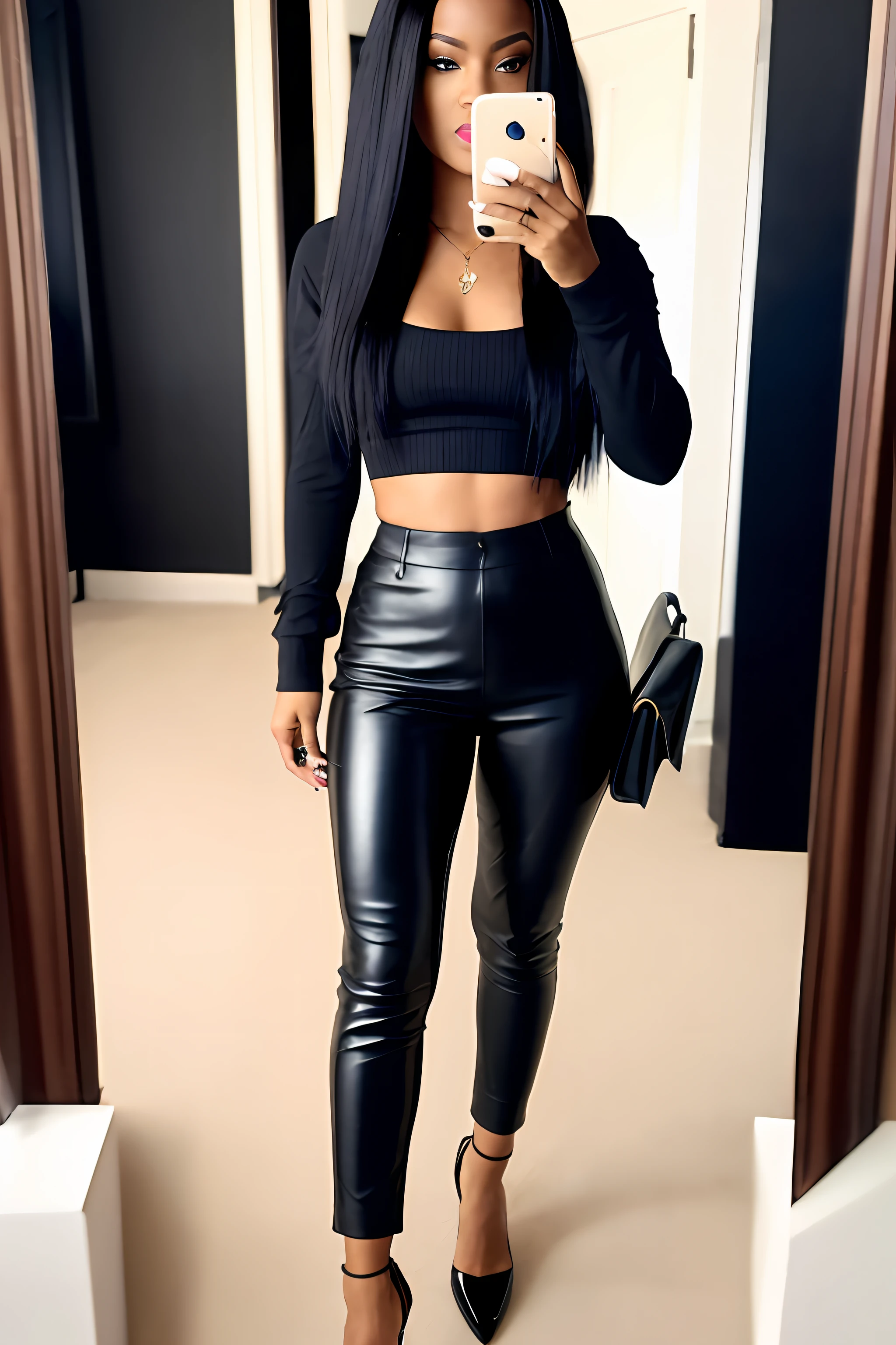 Black hair beauty in leather pants