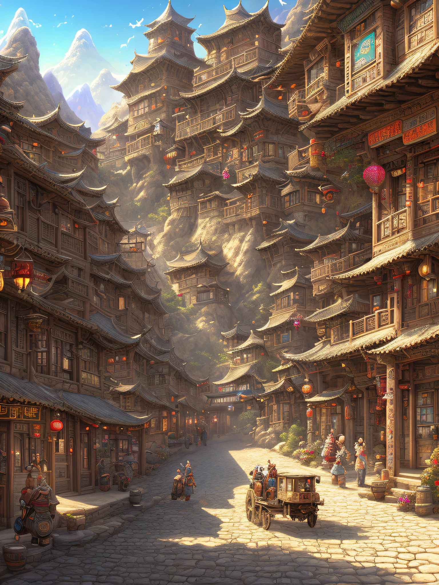 A painting of a train driving through a town in the desert, highly detailed illustration, concept art highly detailed, overly detailed art, multi-dimensional cozy tavern, detailed digital 2D fantasy art, highly detailed fantasy art, highly detailed and colorful, detailed game art illustration, fantastic Chinese town, highly detailed digital artwork, highly detailed 4K art, by Li Zai